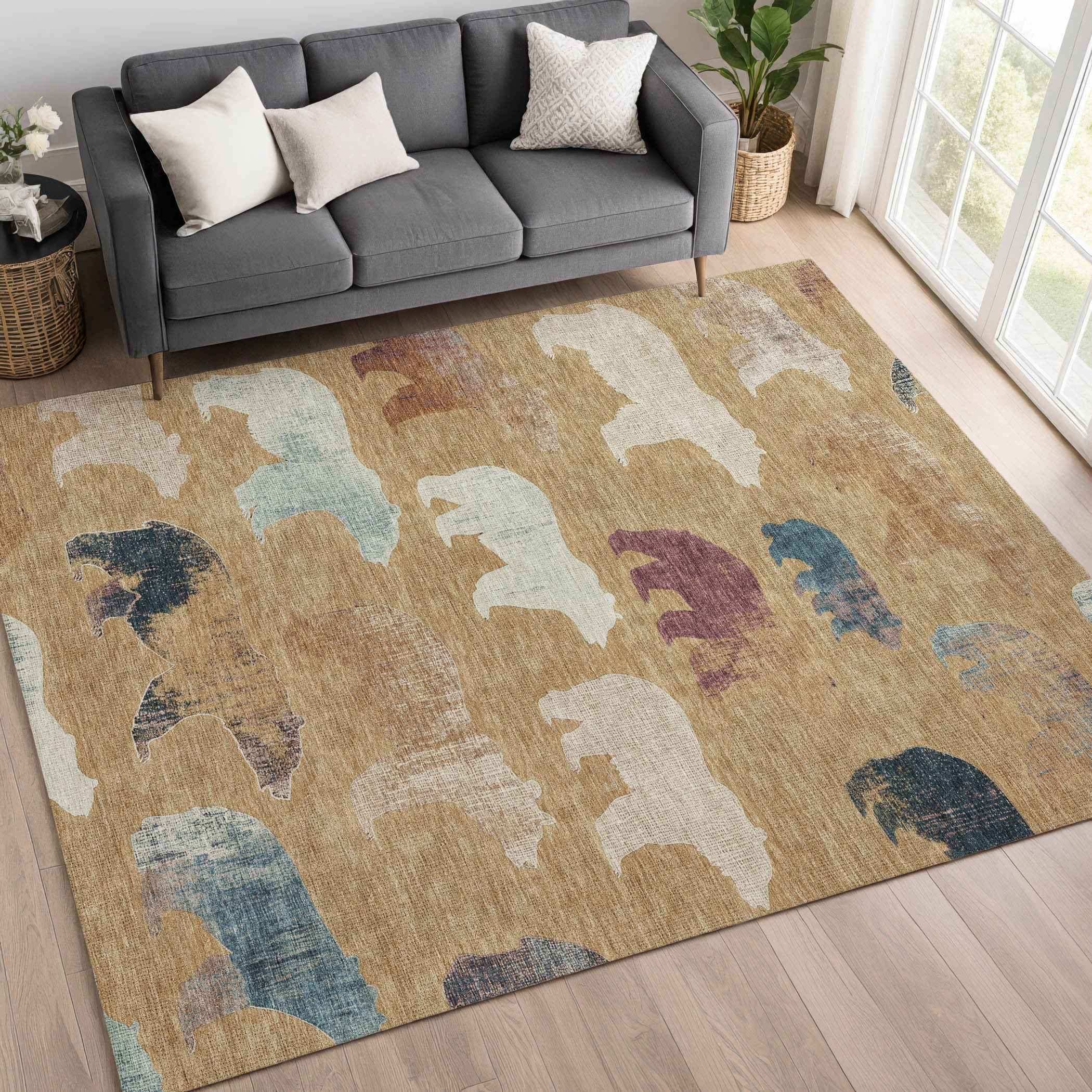 10' X 14' Gold Ivory And Blue Animal Print Washable Indoor Outdoor Area Rug