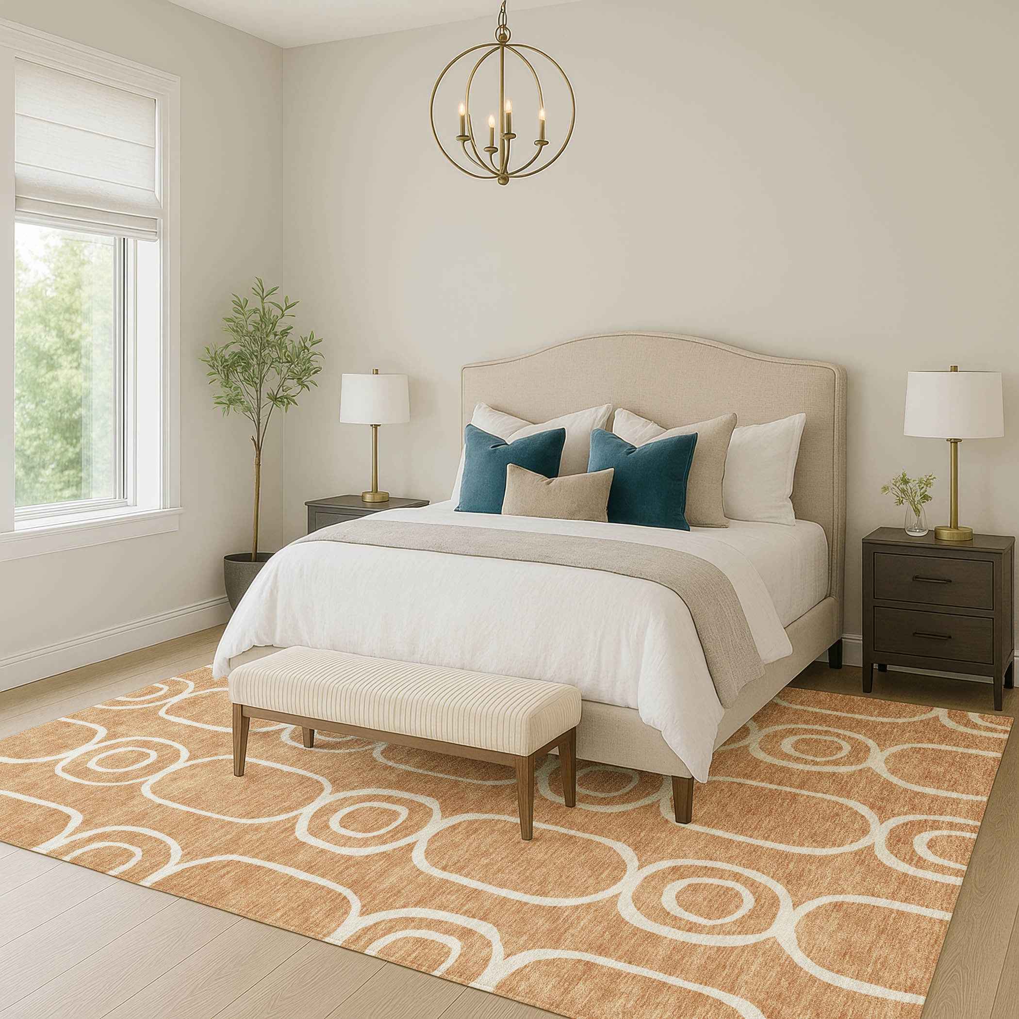 3' X 5' Rust And Ivory Geometric Washable Indoor Outdoor Area Rug