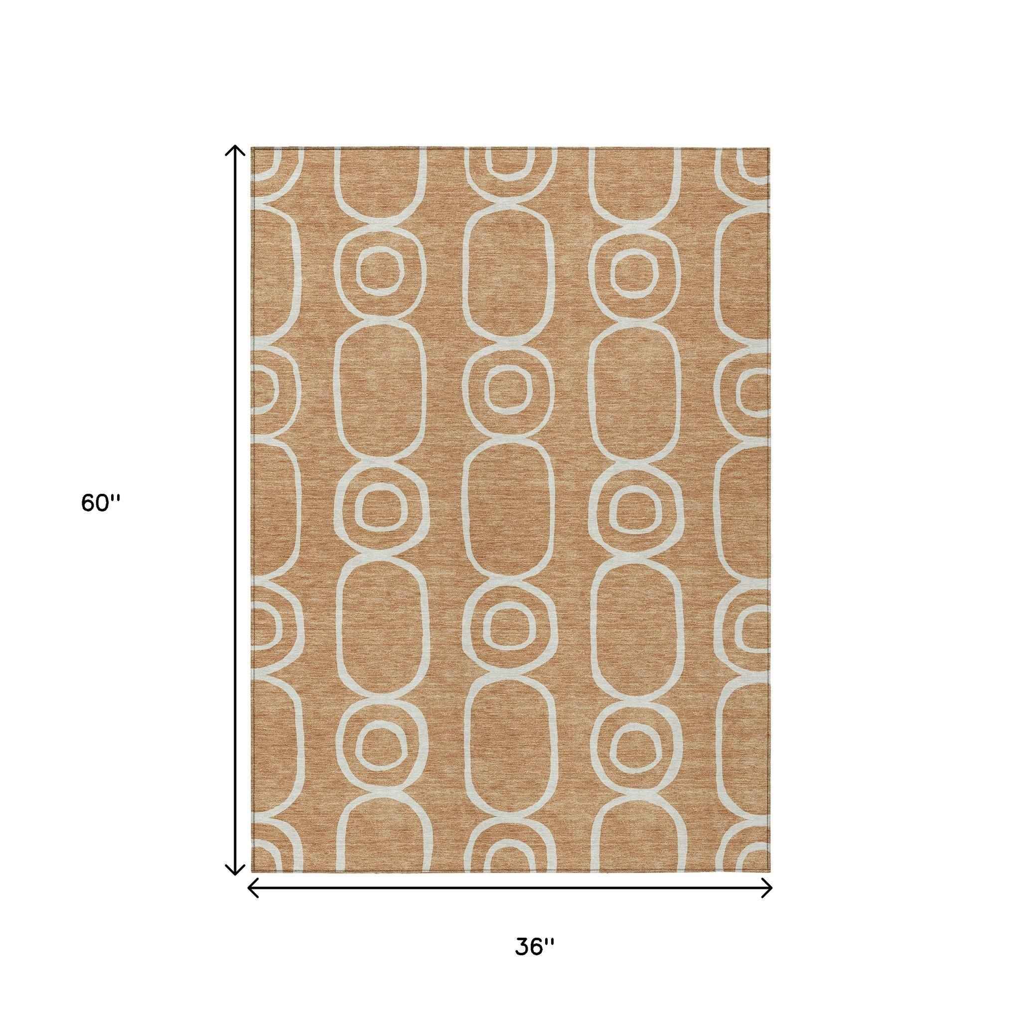 3' X 5' Rust And Ivory Geometric Washable Indoor Outdoor Area Rug