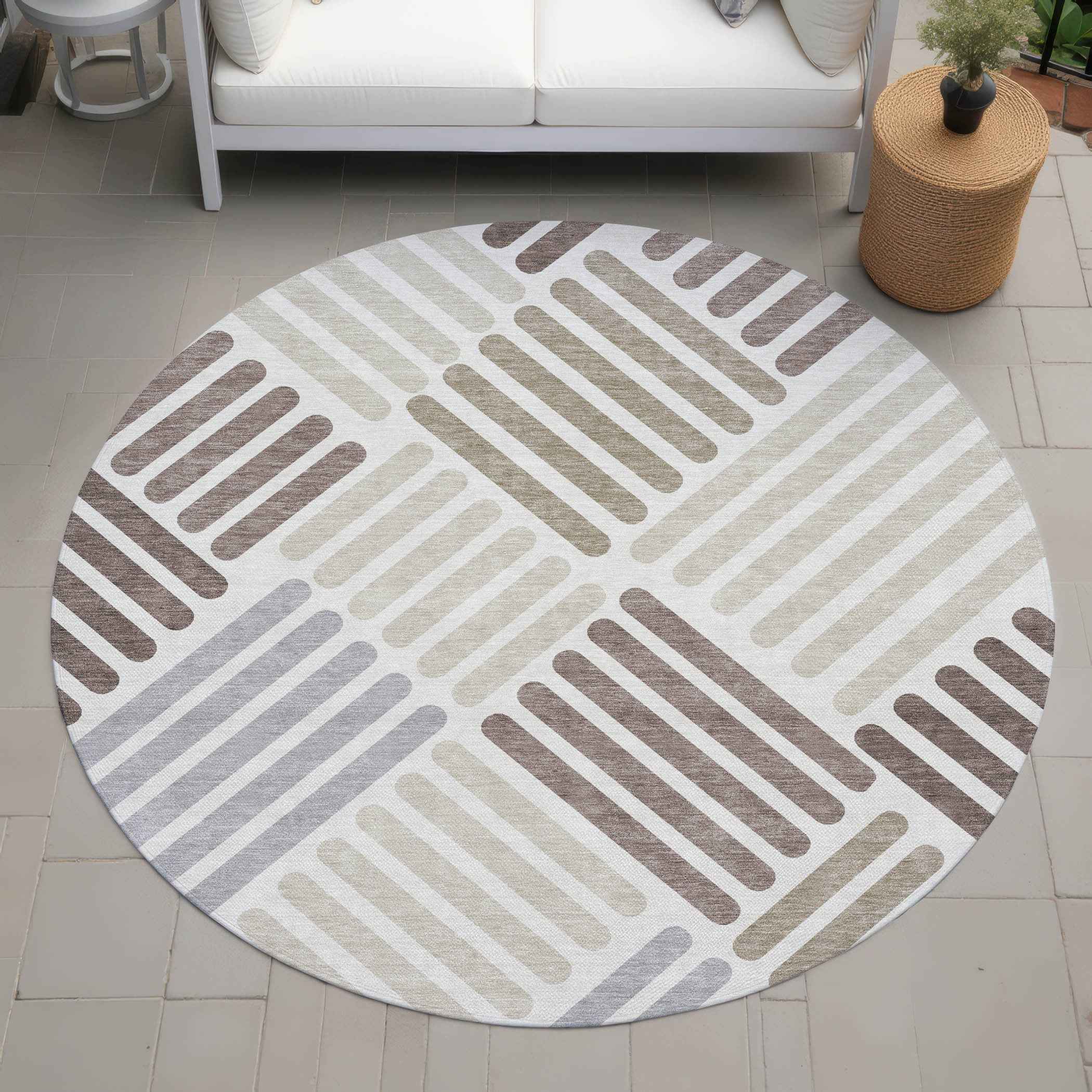 8' Ivory Beige And Brown Round Geometric Washable Indoor Outdoor Area Rug