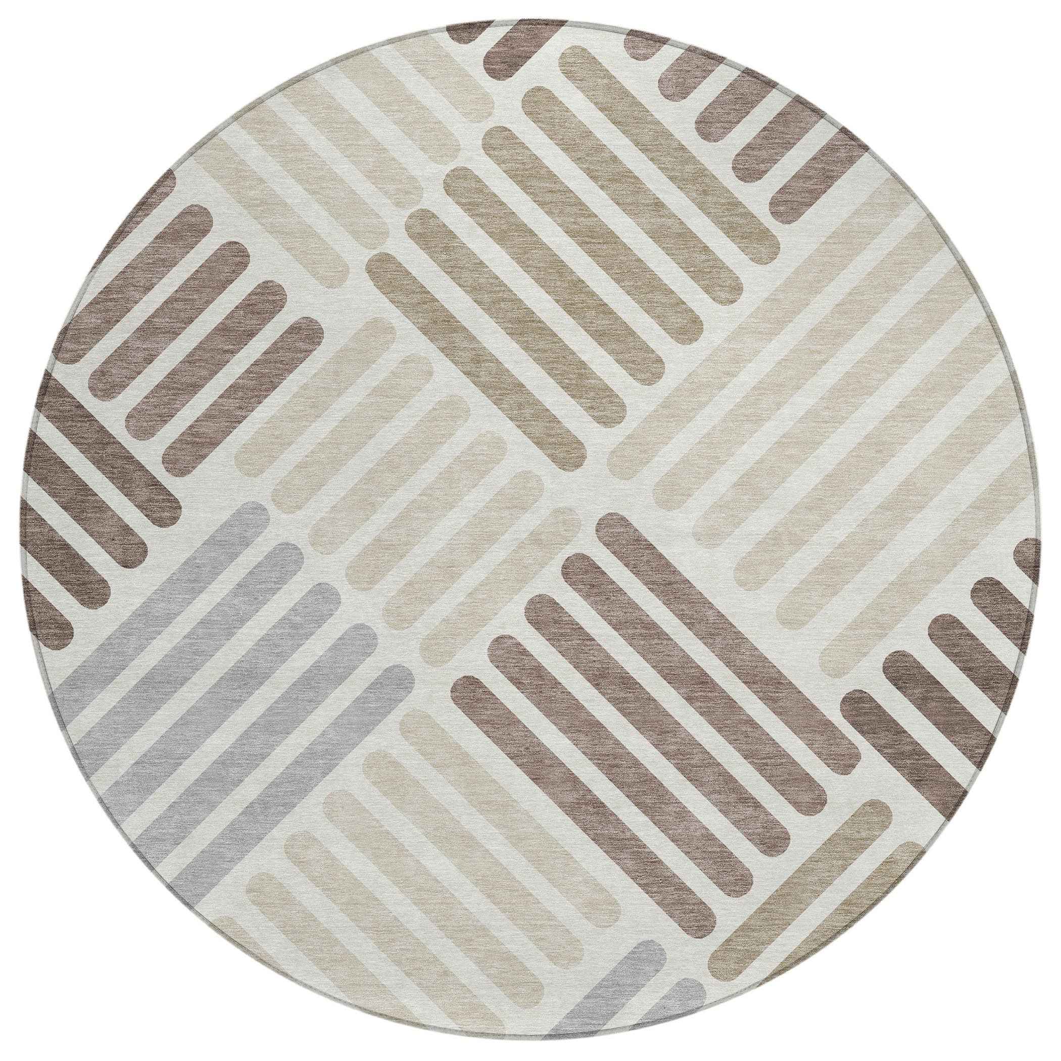 8' Ivory Beige And Brown Round Geometric Washable Indoor Outdoor Area Rug