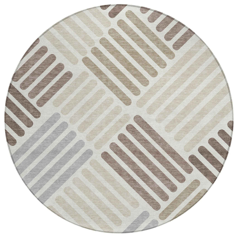 8' Ivory Beige And Brown Round Geometric Washable Indoor Outdoor Area Rug