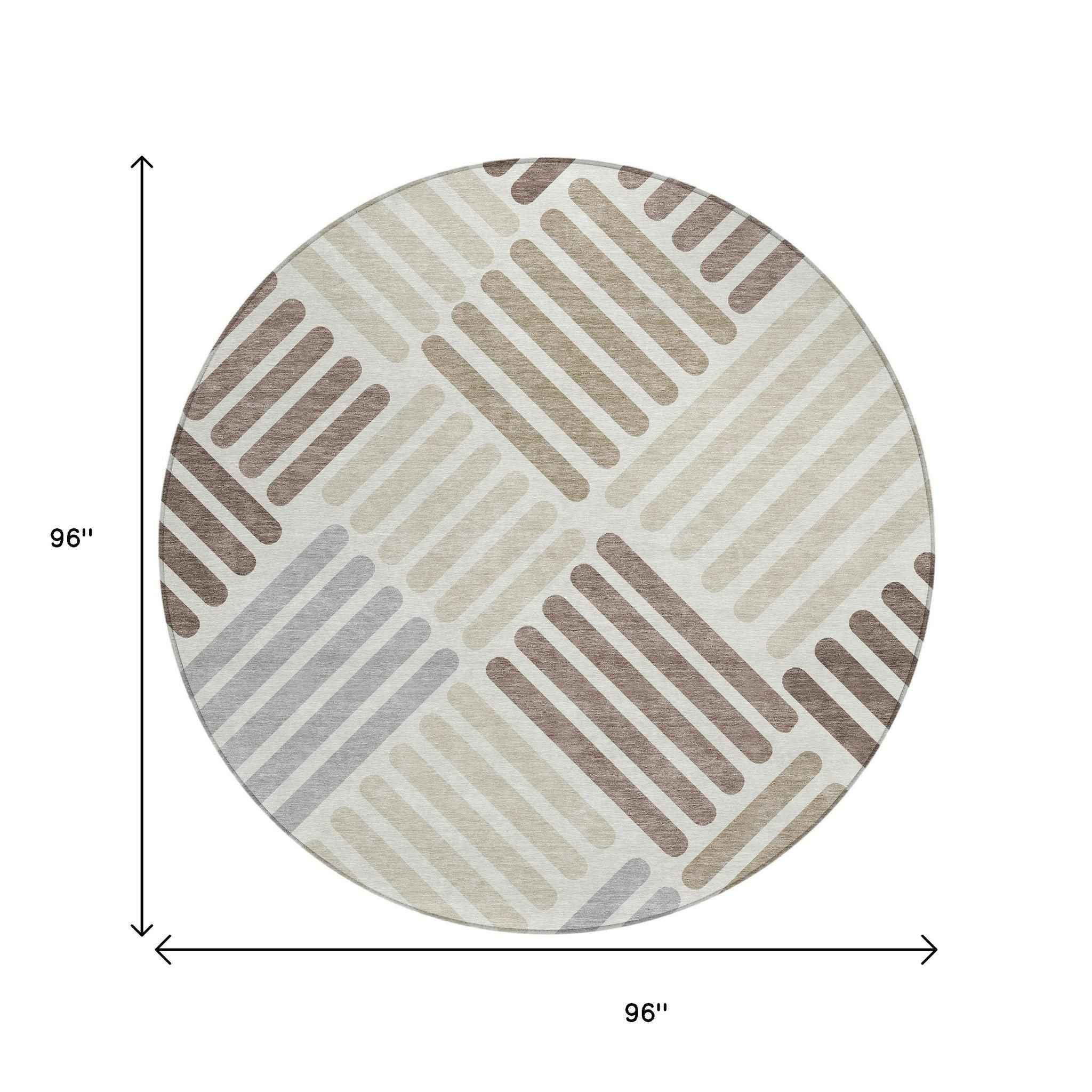 8' Ivory Beige And Brown Round Geometric Washable Indoor Outdoor Area Rug