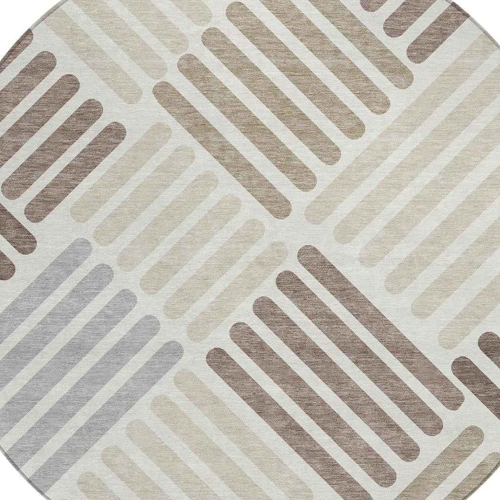 8' Ivory Beige And Brown Round Geometric Washable Indoor Outdoor Area Rug