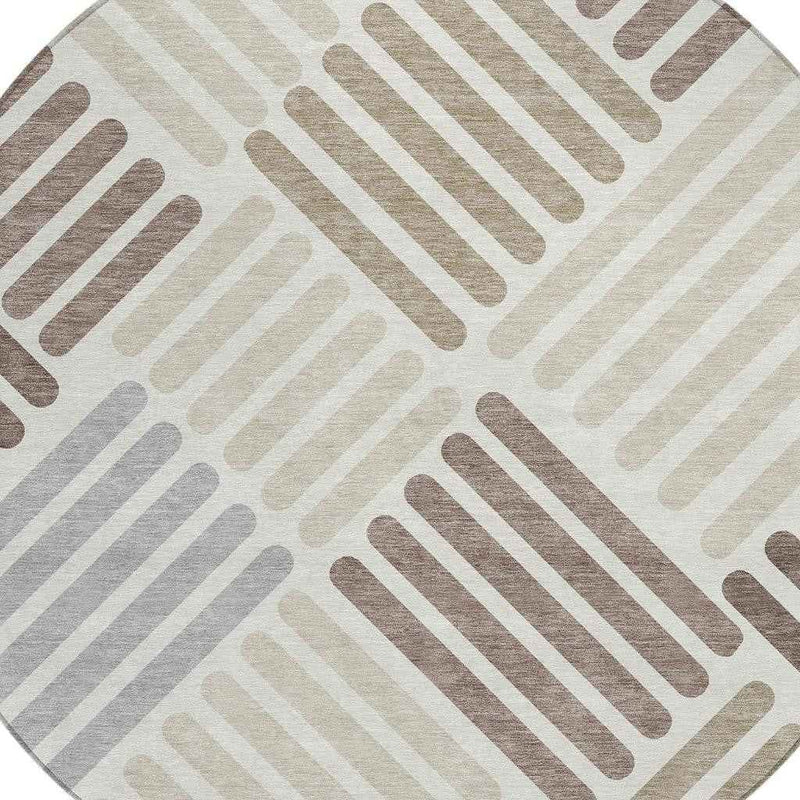 8' Ivory Beige And Brown Round Geometric Washable Indoor Outdoor Area Rug