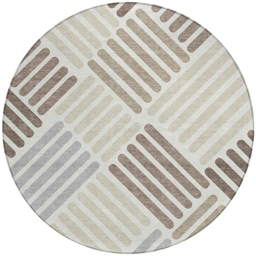 8' Ivory Beige And Brown Round Geometric Washable Indoor Outdoor Area Rug