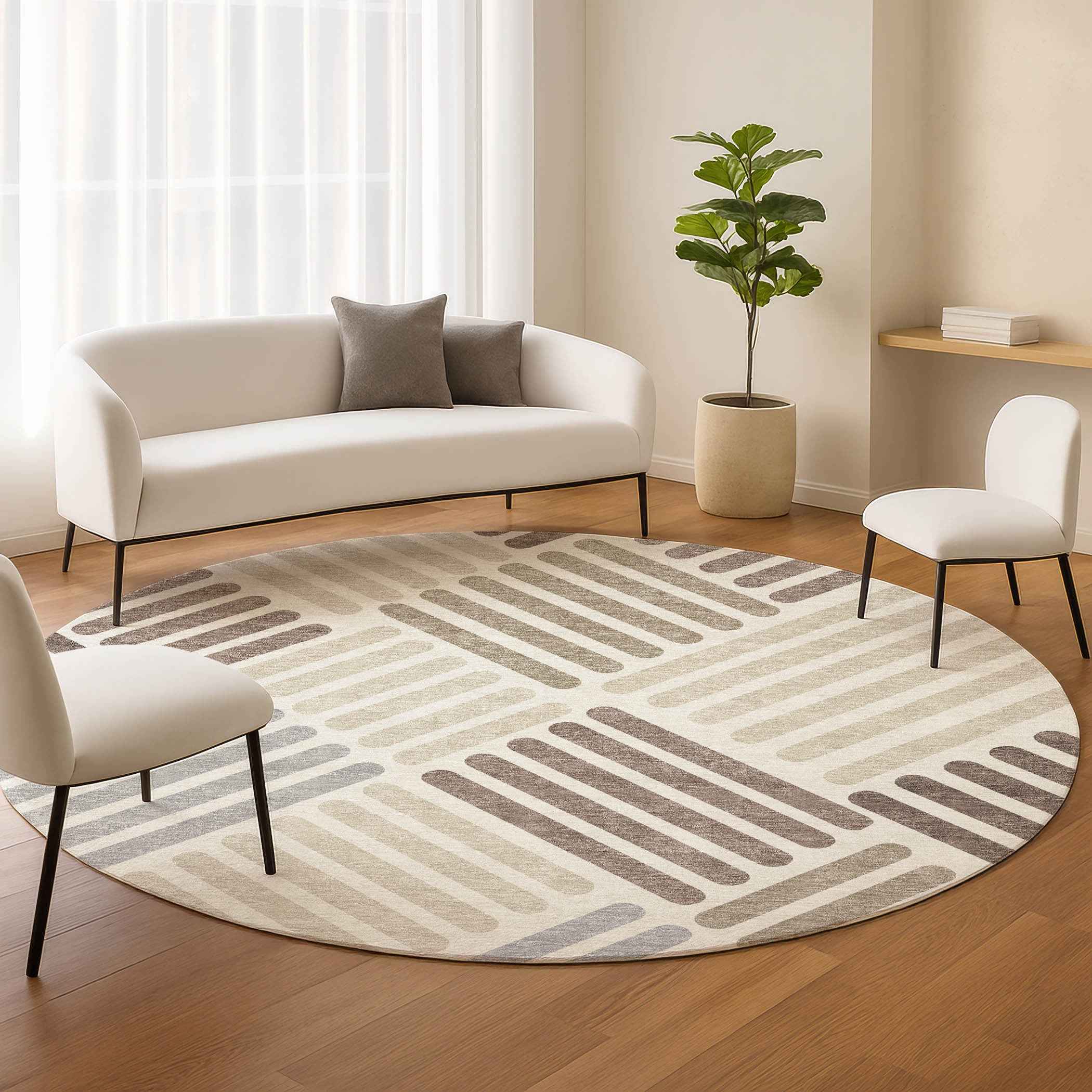 8' Ivory Beige And Brown Round Geometric Washable Indoor Outdoor Area Rug
