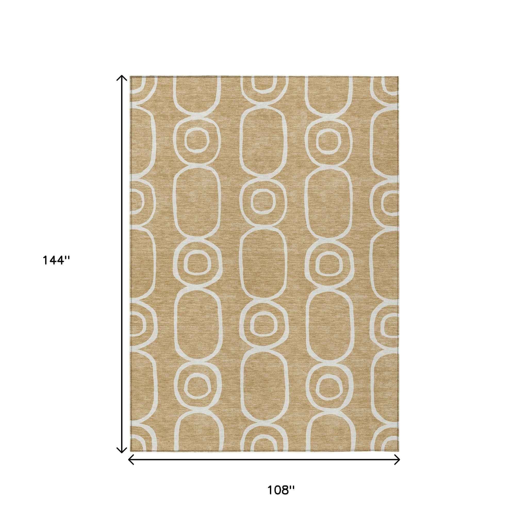 9' X 12' Gold And Ivory Geometric Washable Indoor Outdoor Area Rug
