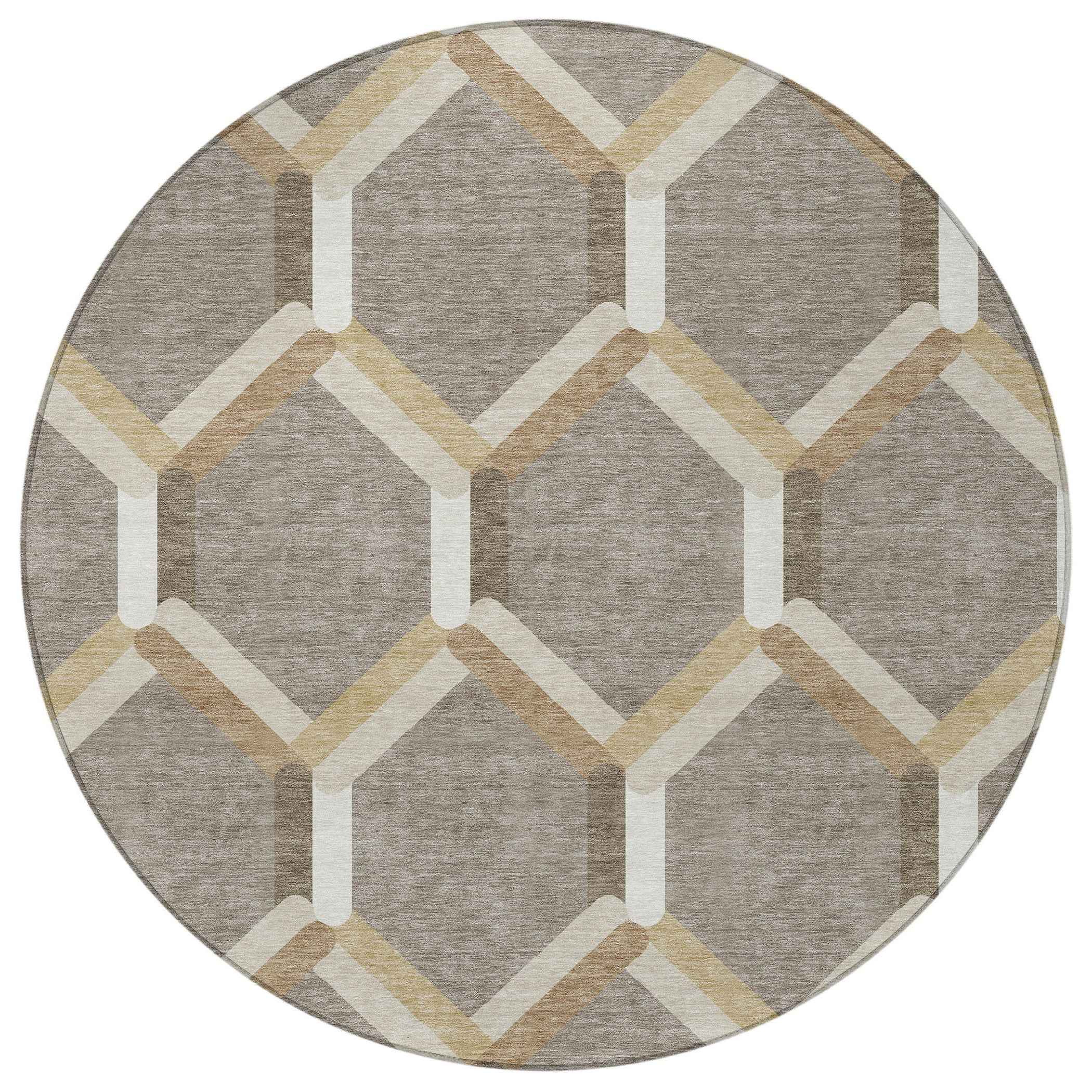 8' Taupe Beige And Ivory Round Geometric Washable Indoor Outdoor Area Rug