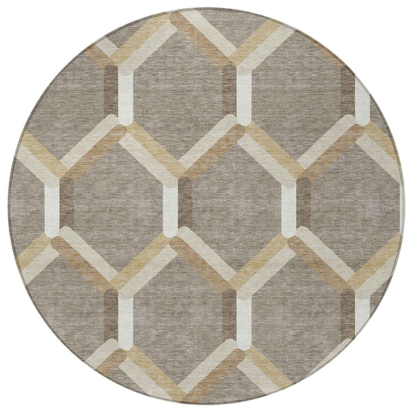 8' Taupe Beige And Ivory Round Geometric Washable Indoor Outdoor Area Rug