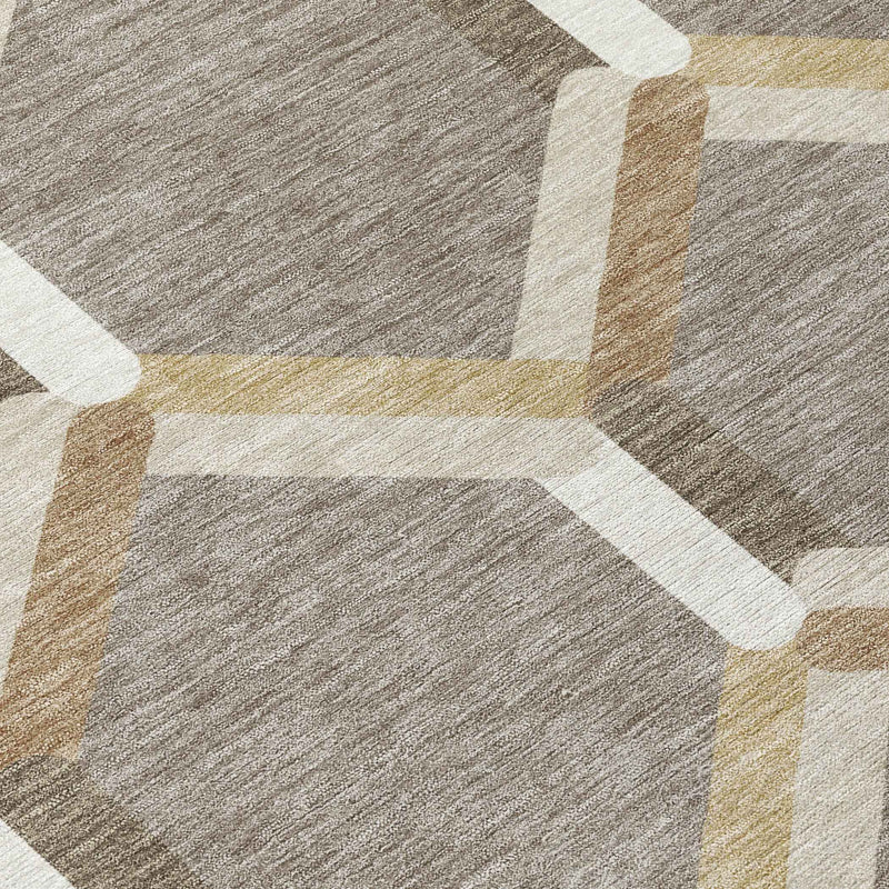 8' Taupe Beige And Ivory Round Geometric Washable Indoor Outdoor Area Rug