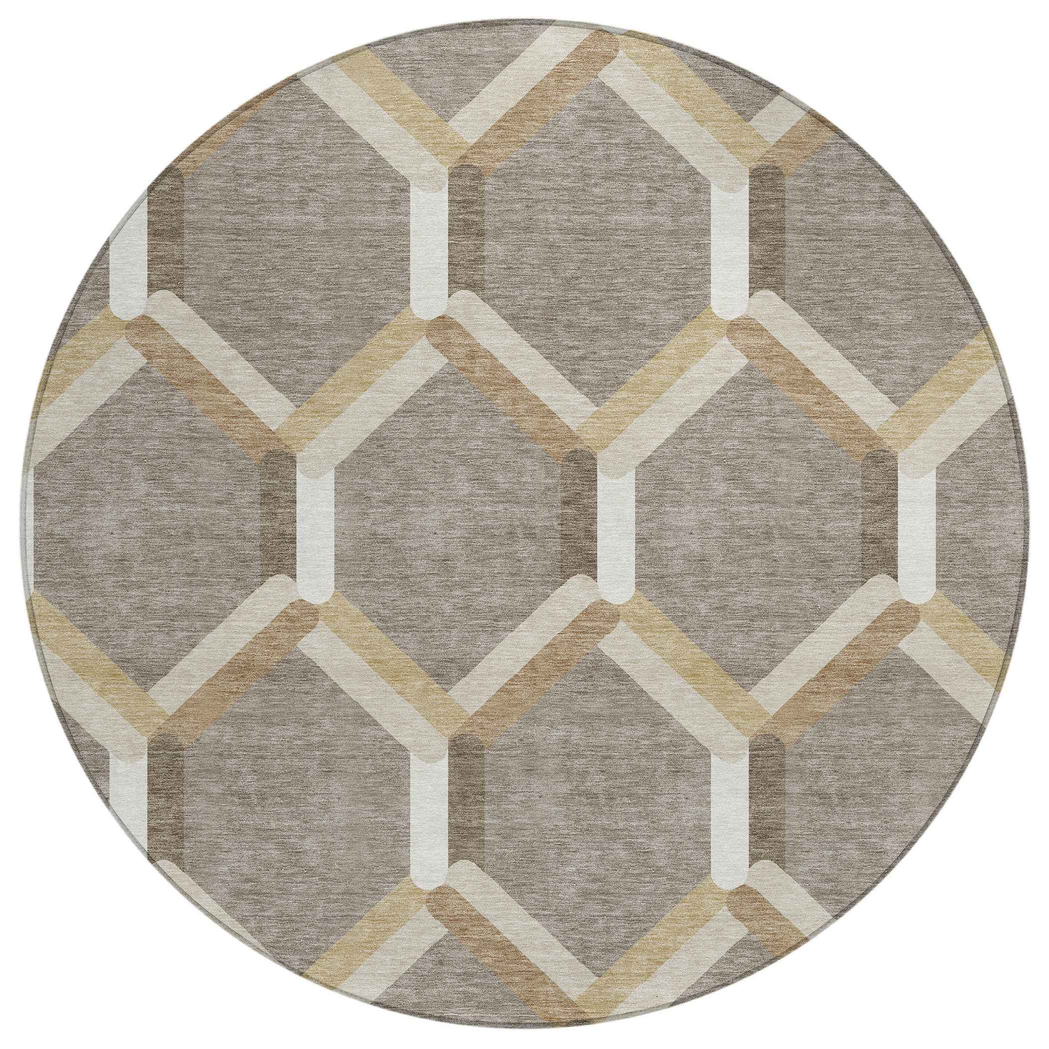 8' Taupe Beige And Ivory Round Geometric Washable Indoor Outdoor Area Rug