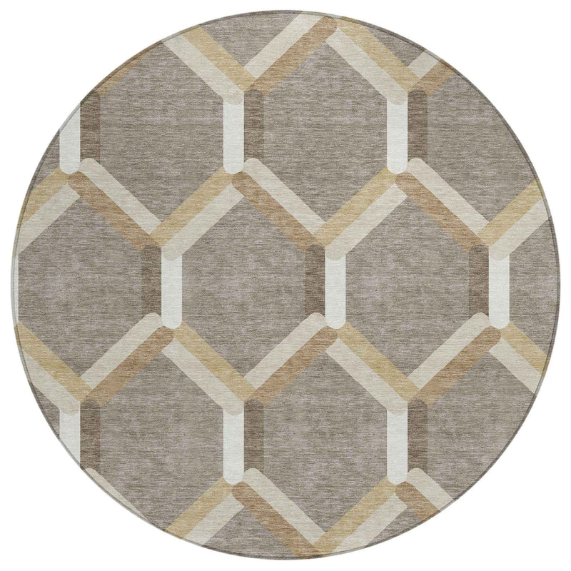 8' Taupe Beige And Ivory Round Geometric Washable Indoor Outdoor Area Rug