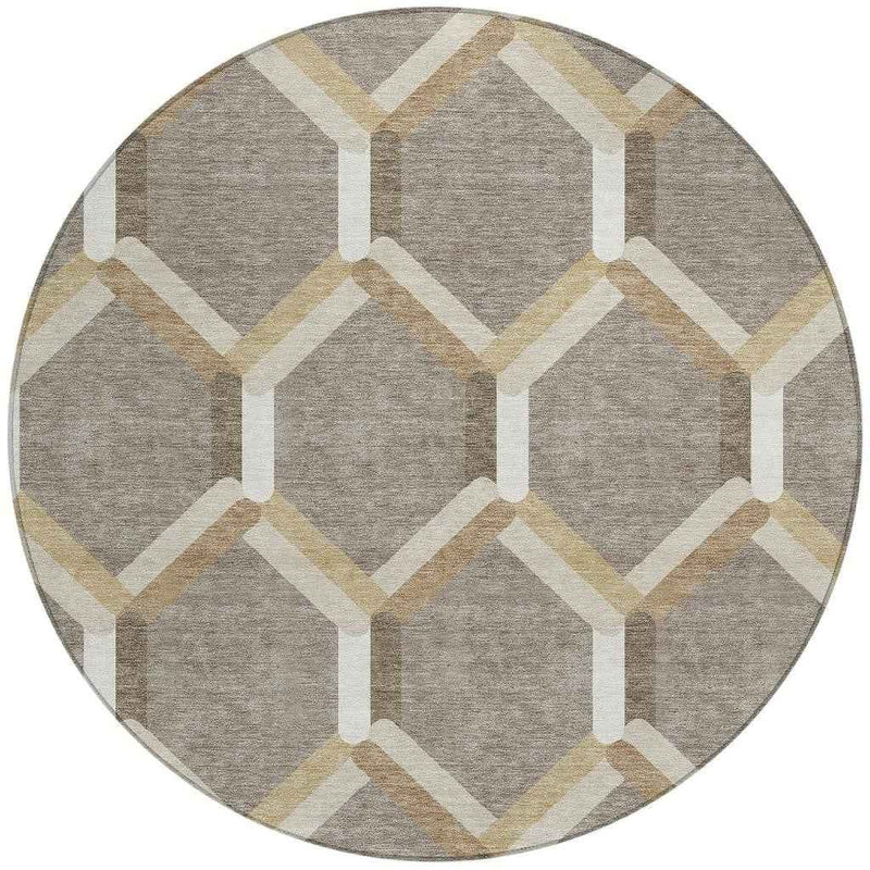 8' Taupe Beige And Ivory Round Geometric Washable Indoor Outdoor Area Rug