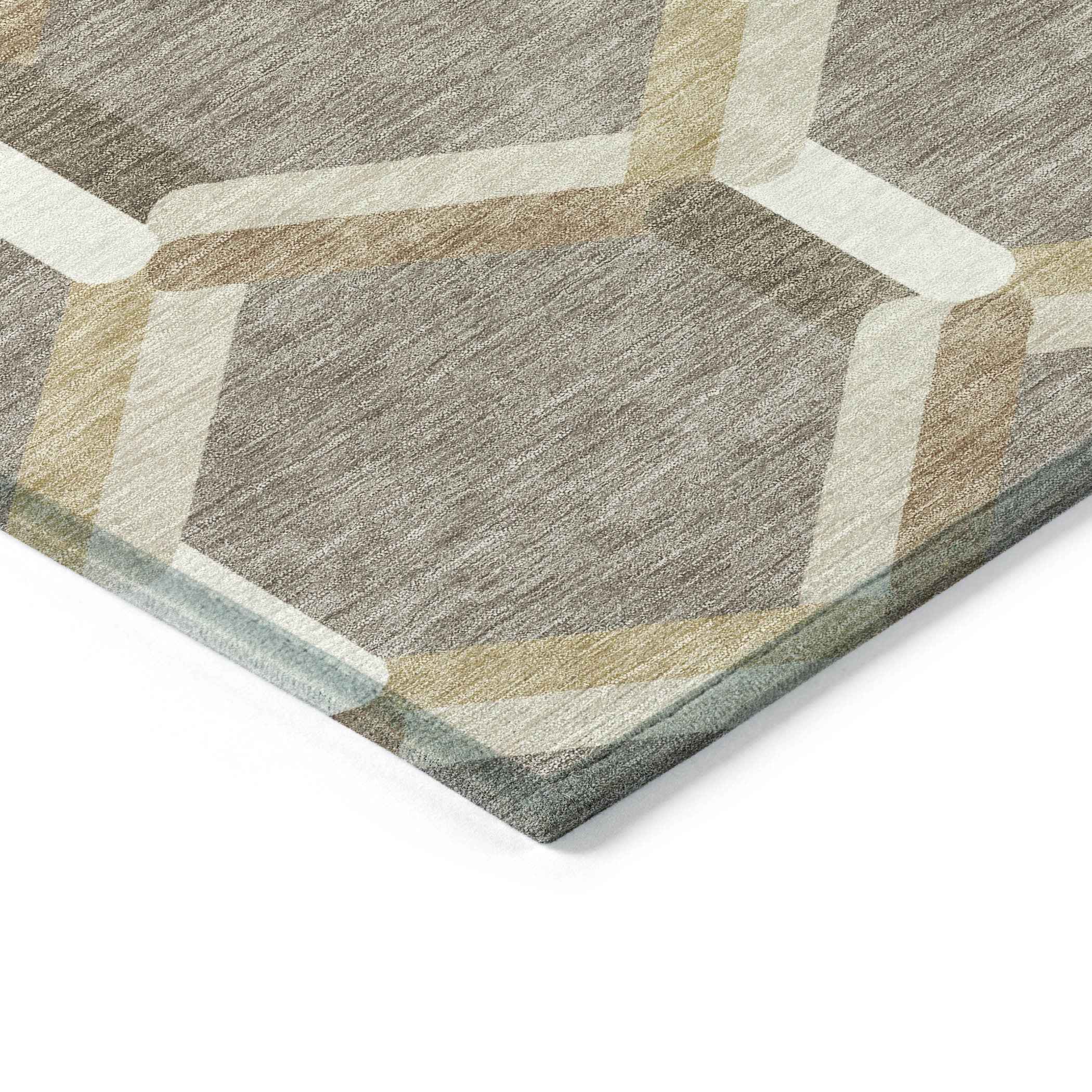 8' Taupe Beige And Ivory Round Geometric Washable Indoor Outdoor Area Rug