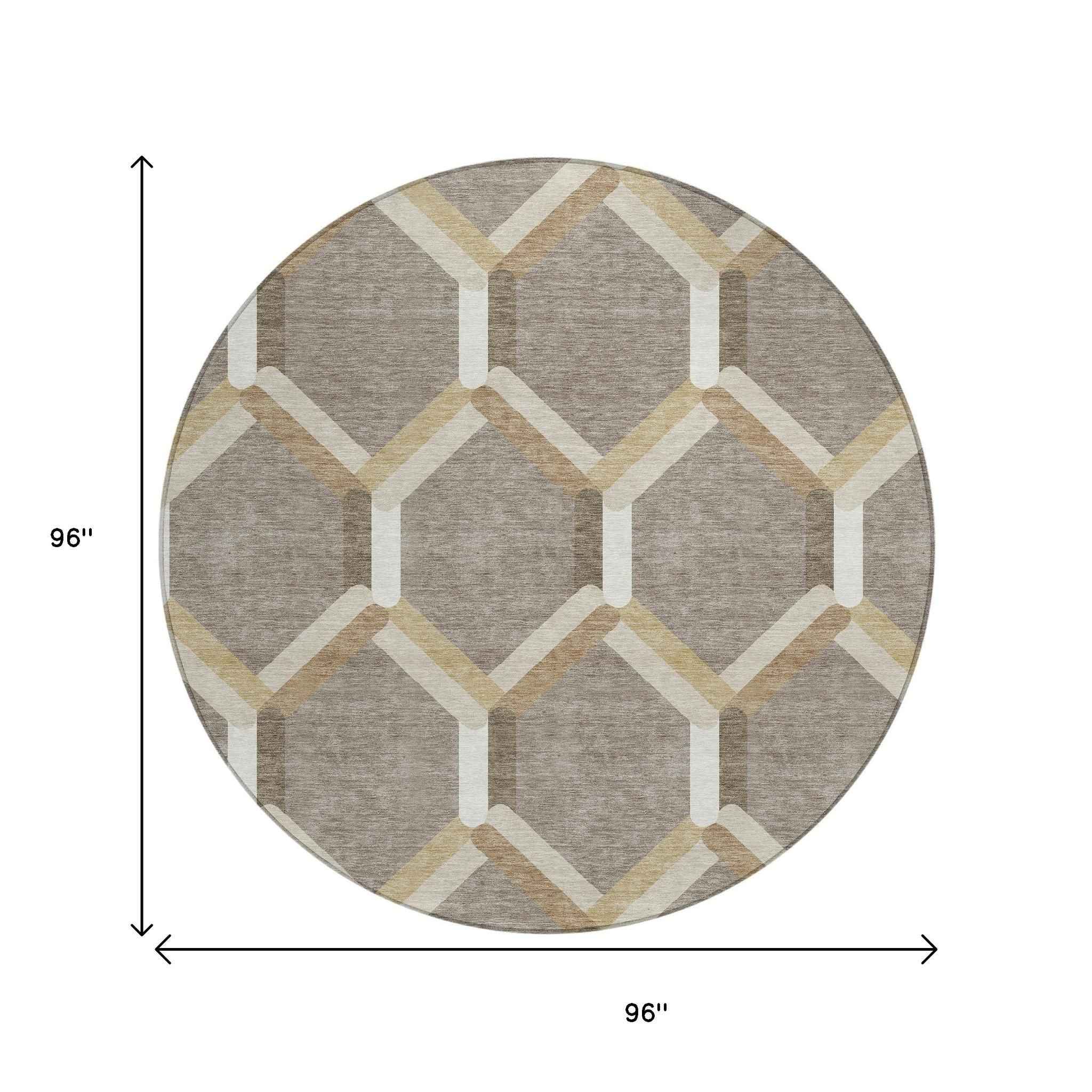 8' Taupe Beige And Ivory Round Geometric Washable Indoor Outdoor Area Rug