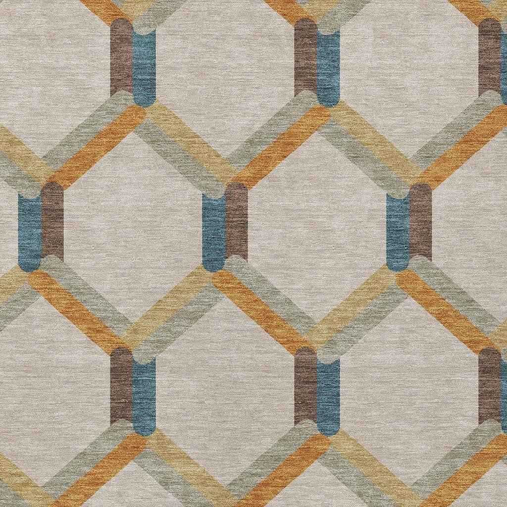 9' X 12' Beige Wheat And Blue Geometric Washable Indoor Outdoor Area Rug