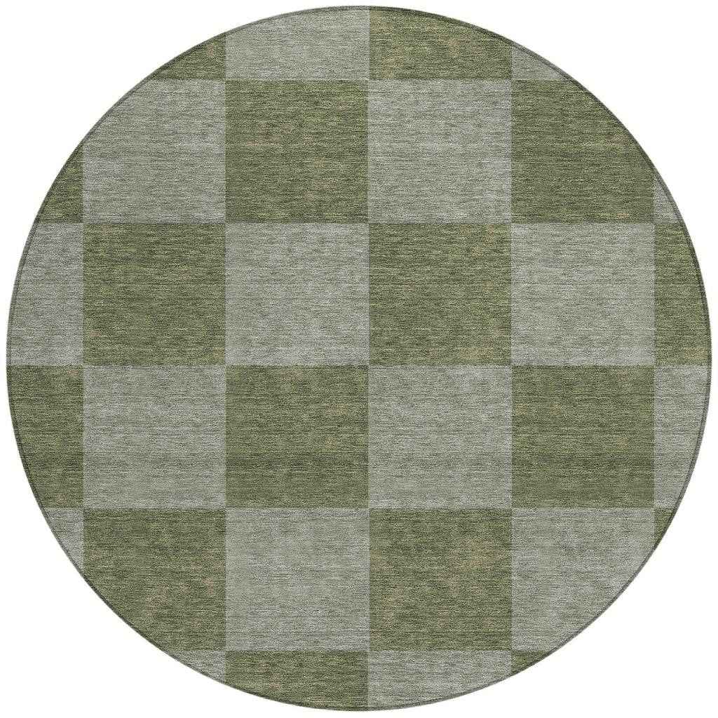 8' Olive Green And Gray Round Geometric Washable Indoor Outdoor Area Rug