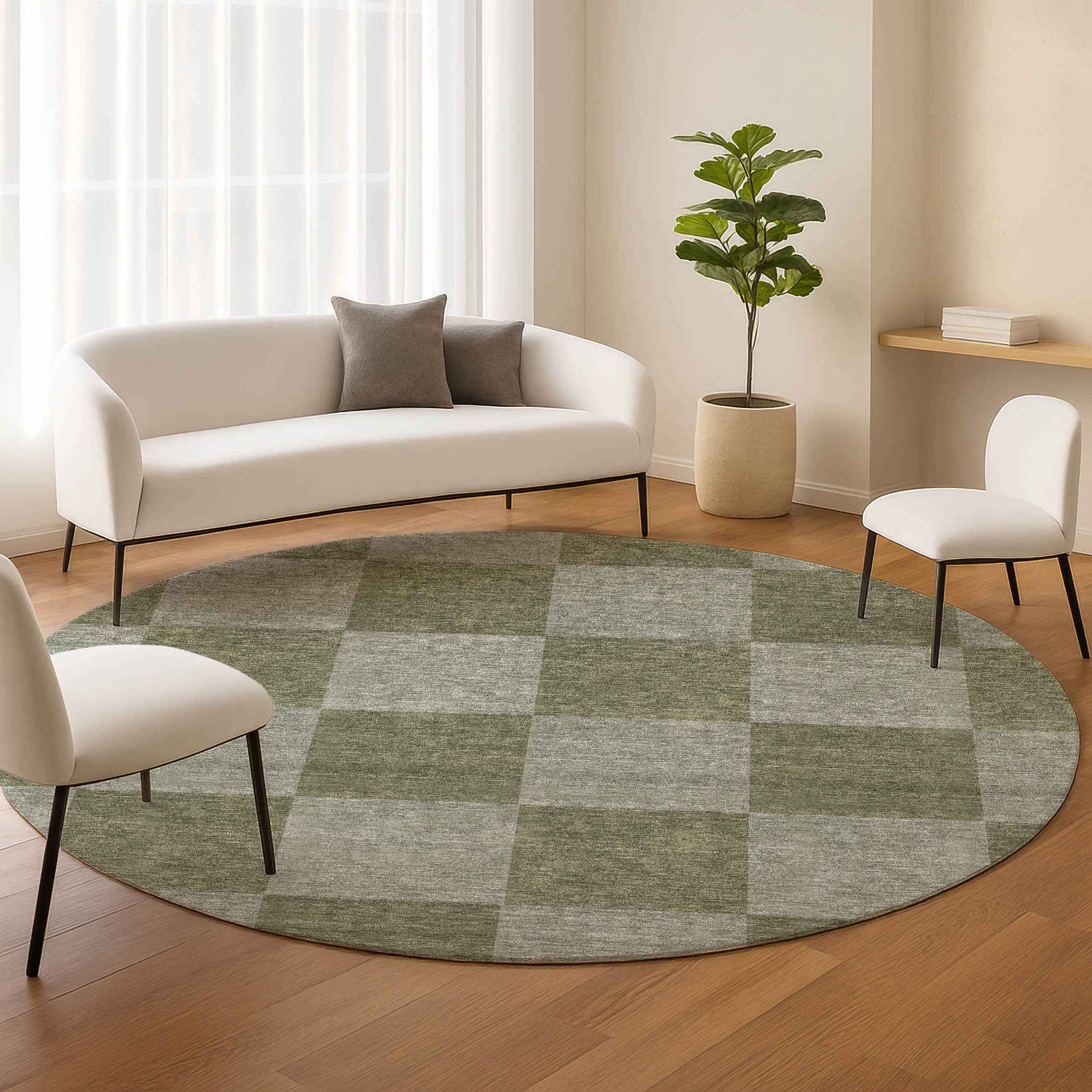 8' Olive Green And Gray Round Geometric Washable Indoor Outdoor Area Rug