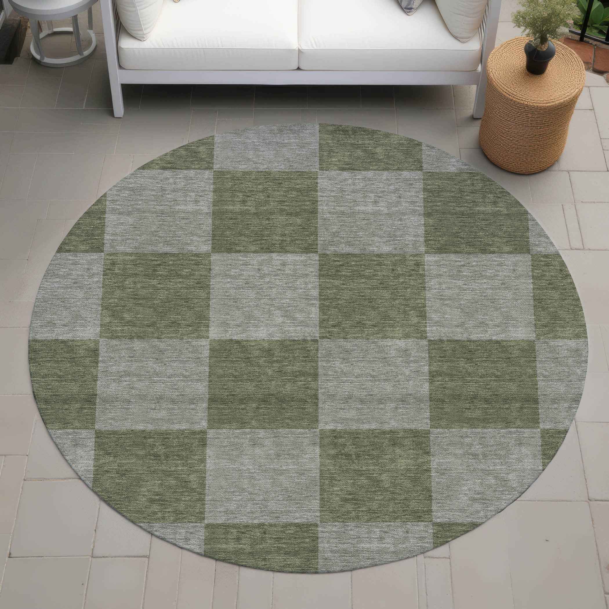 8' Olive Green And Gray Round Geometric Washable Indoor Outdoor Area Rug