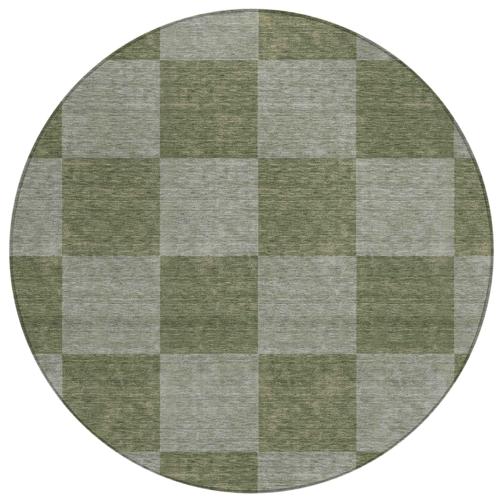 8' Olive Green And Gray Round Geometric Washable Indoor Outdoor Area Rug