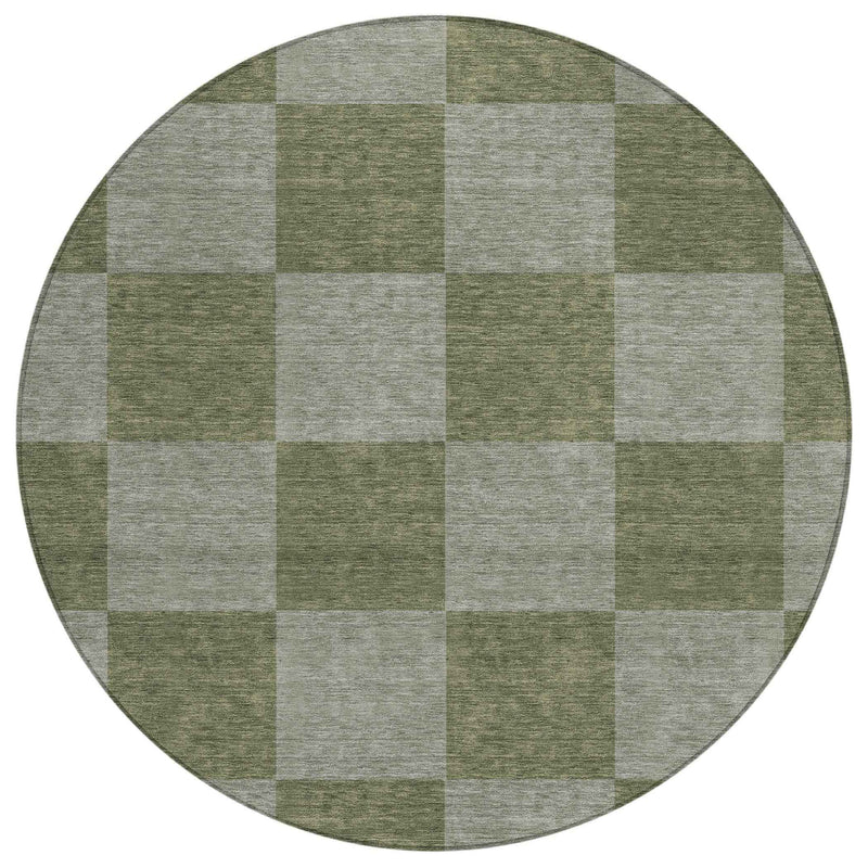 8' Olive Green And Gray Round Geometric Washable Indoor Outdoor Area Rug