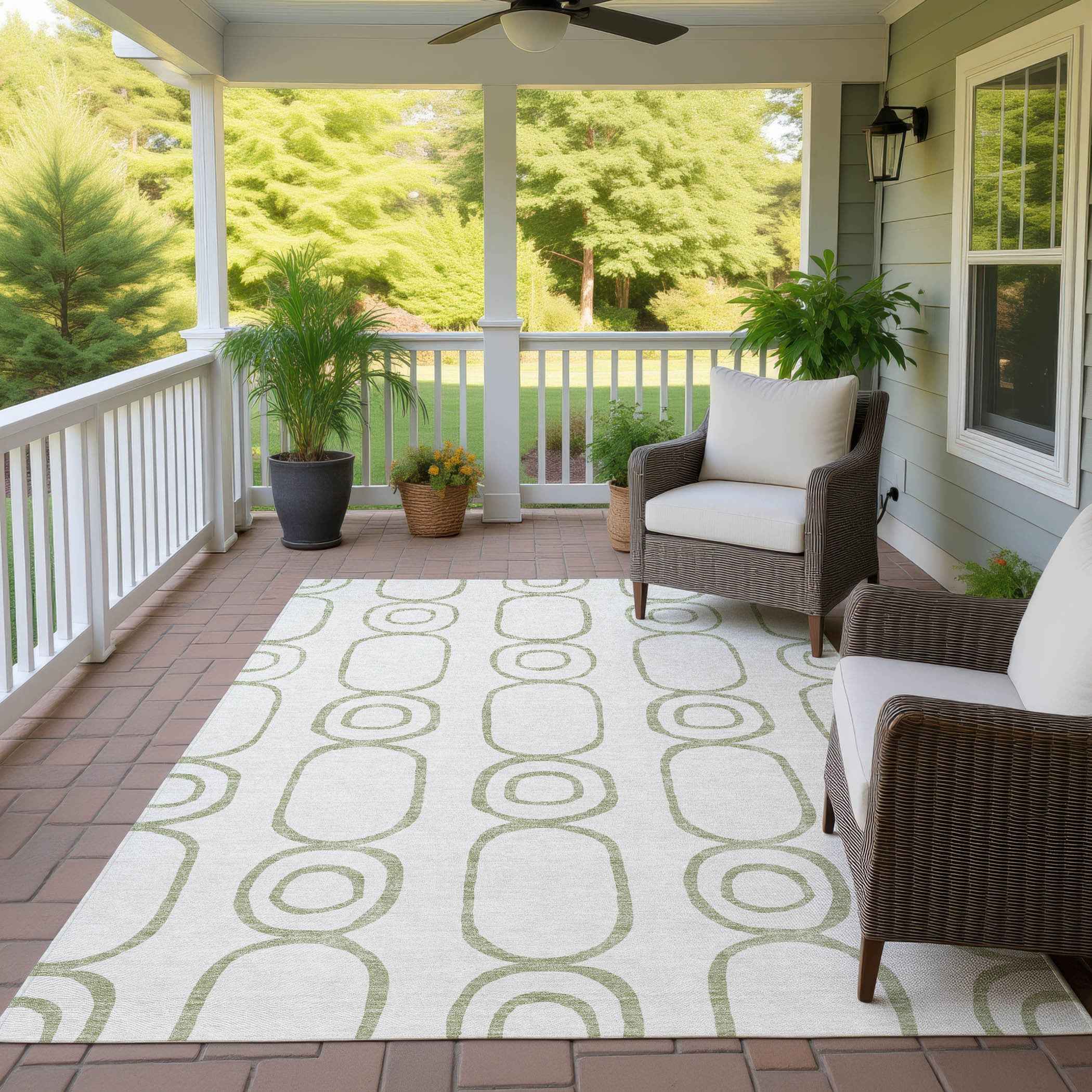 10' X 14' Artichoke Green And Ivory Geometric Washable Indoor Outdoor Area Rug
