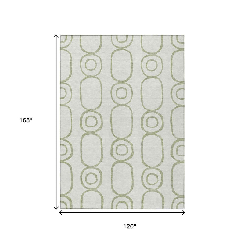 10' X 14' Artichoke Green And Ivory Geometric Washable Indoor Outdoor Area Rug