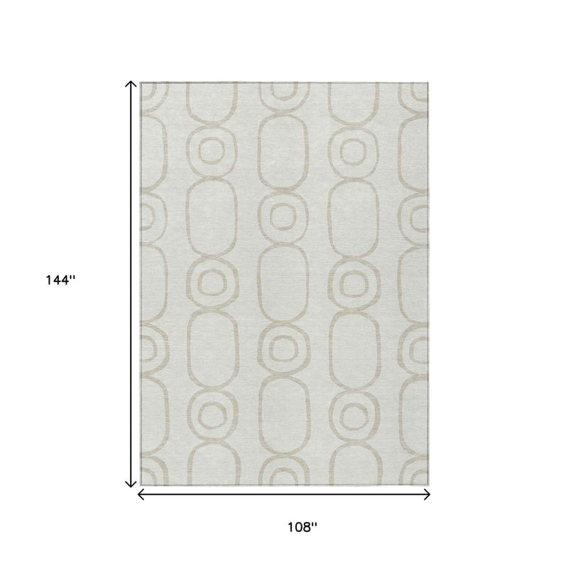 9' X 12' Ivory And Beige Geometric Washable Indoor Outdoor Area Rug