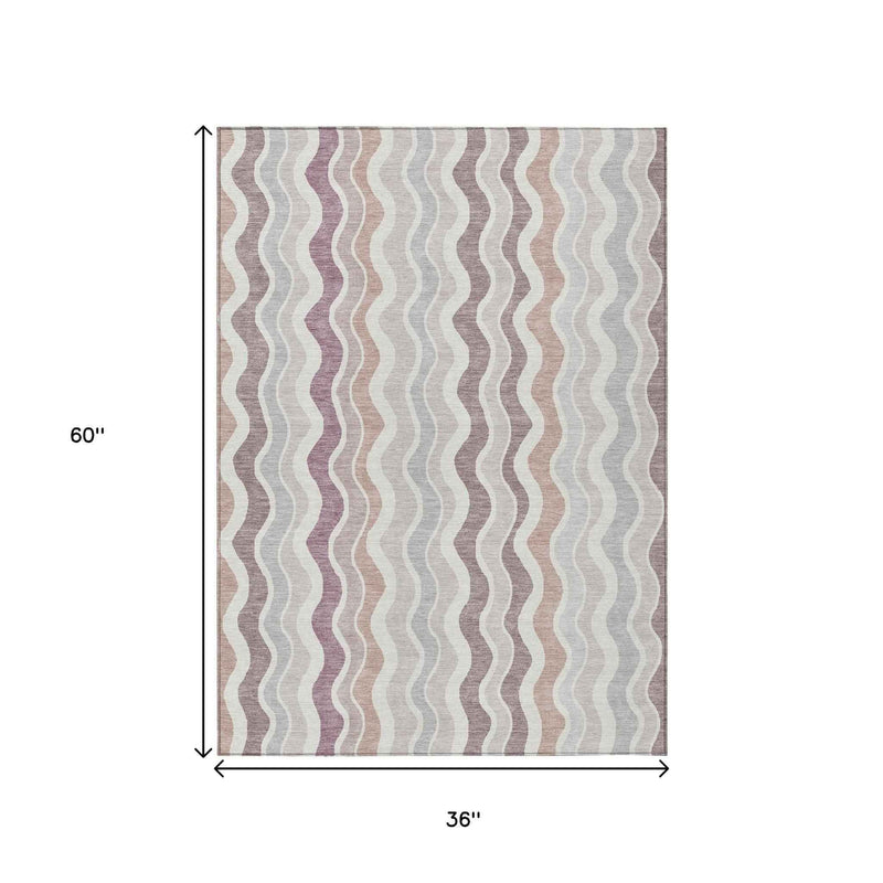 3' X 5' Blush Ivory And Taupe Striped Washable Indoor Outdoor Area Rug