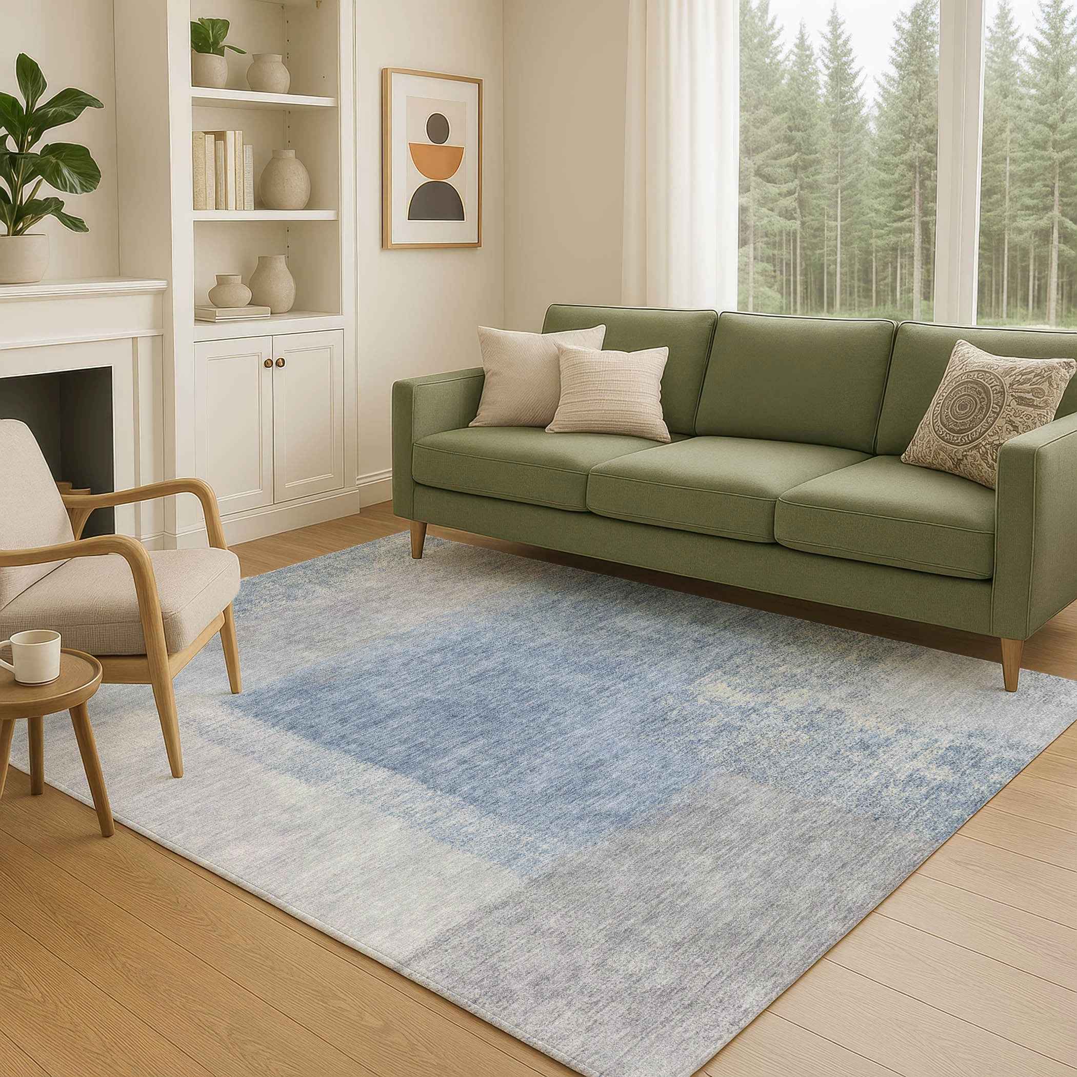 9' X 12' Denim Blue Ivory And Gray Abstract Washable Indoor Outdoor Area Rug