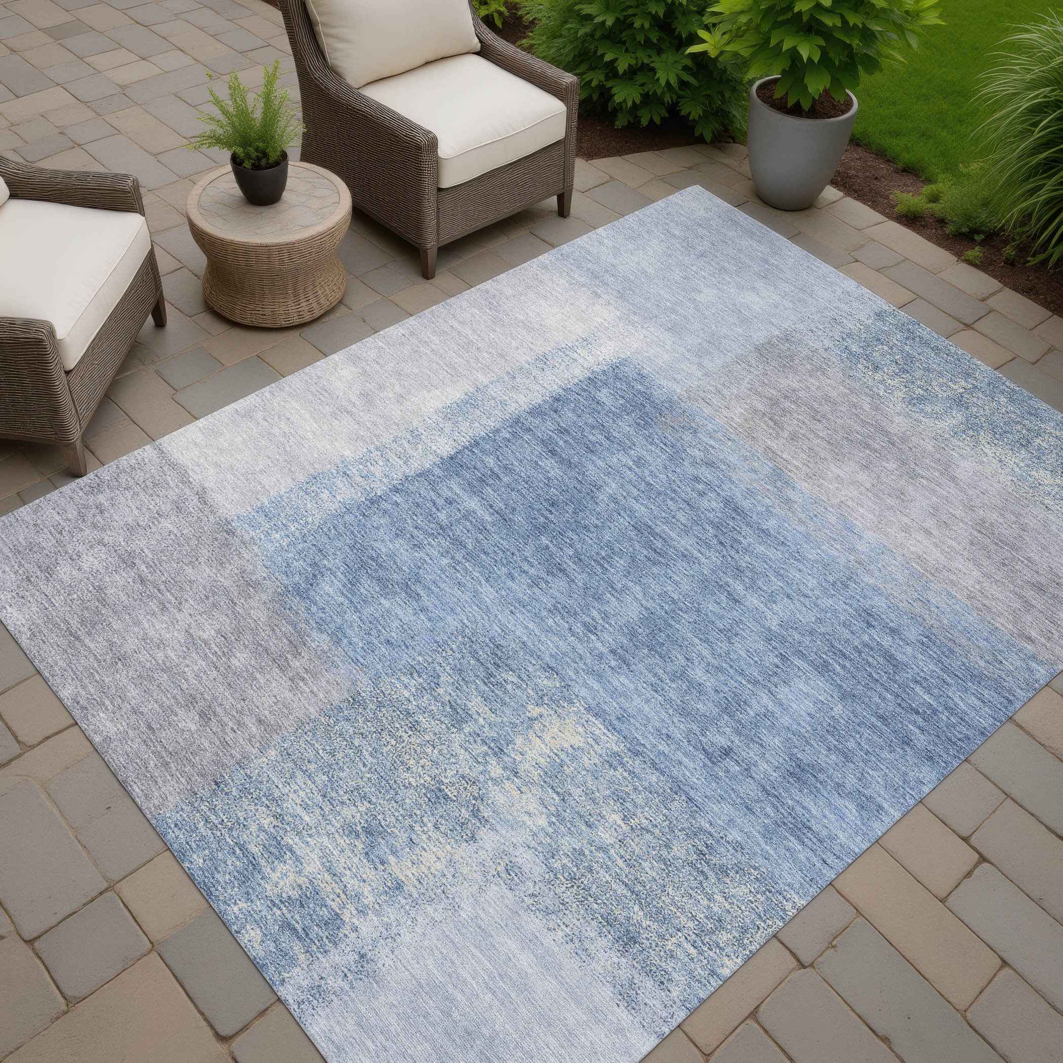 9' X 12' Denim Blue Ivory And Gray Abstract Washable Indoor Outdoor Area Rug
