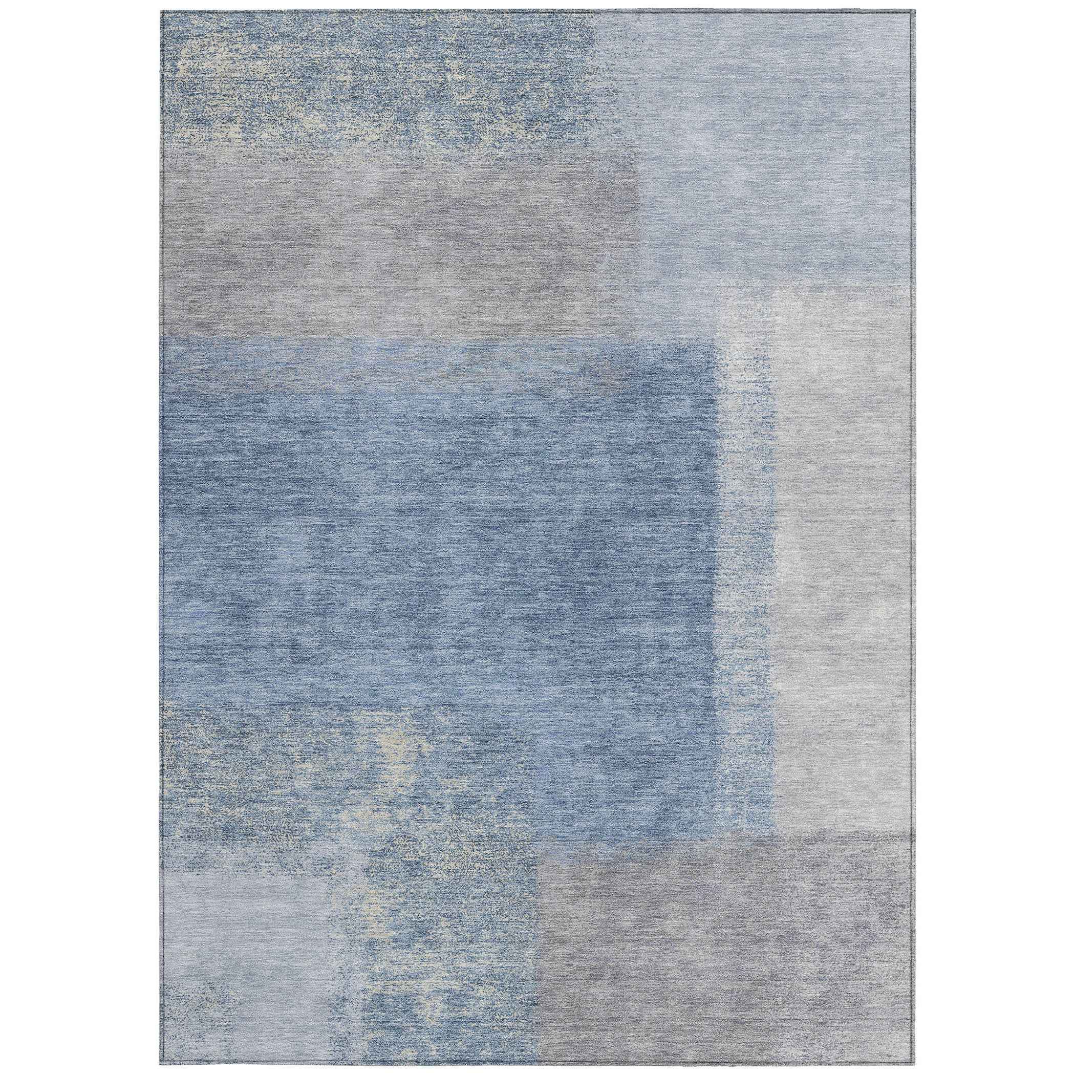 9' X 12' Denim Blue Ivory And Gray Abstract Washable Indoor Outdoor Area Rug