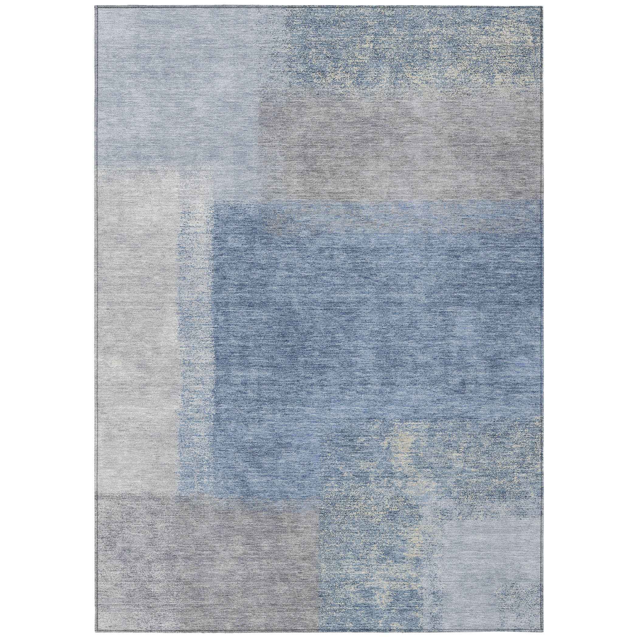 3' X 5' Denim Blue Ivory And Gray Abstract Washable Indoor Outdoor Area Rug