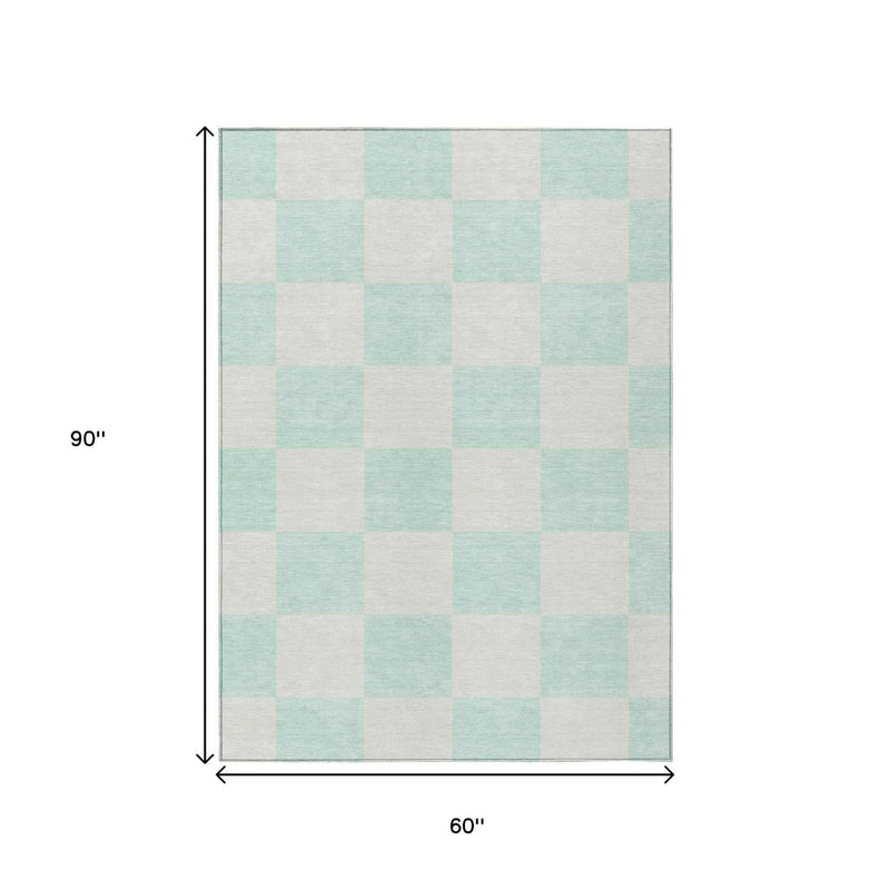 5' X 8' Mint Green And Ivory Geometric Washable Indoor Outdoor Area Rug