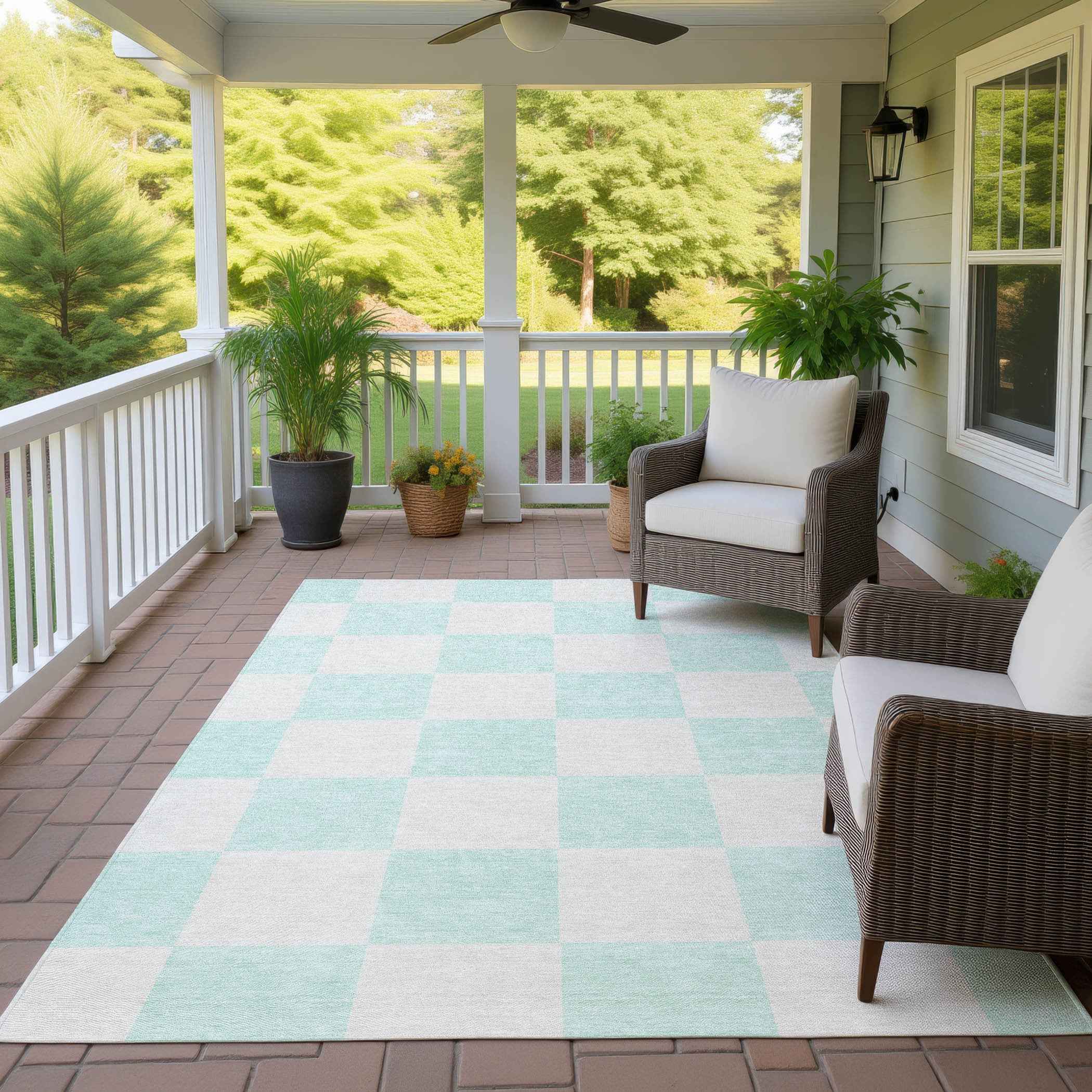 5' X 8' Mint Green And Ivory Geometric Washable Indoor Outdoor Area Rug