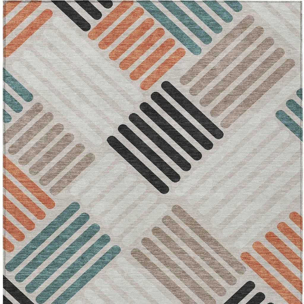 5' X 8' Sand Ivory And Black Geometric Washable Indoor Outdoor Area Rug