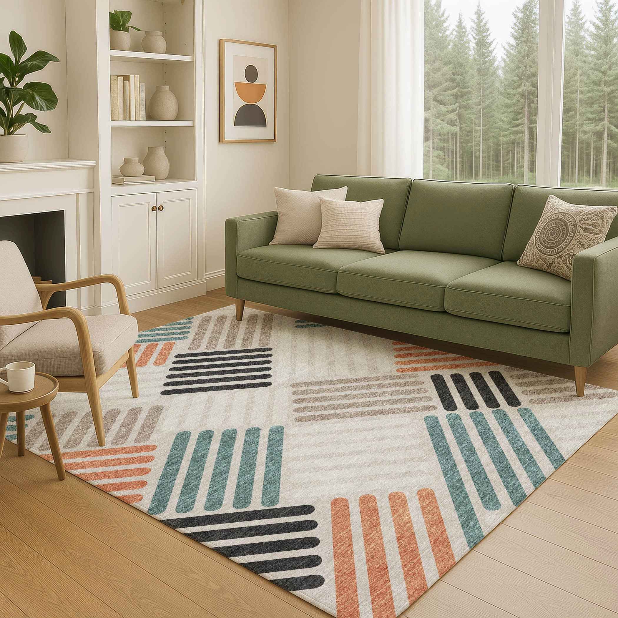 5' X 8' Sand Ivory And Black Geometric Washable Indoor Outdoor Area Rug