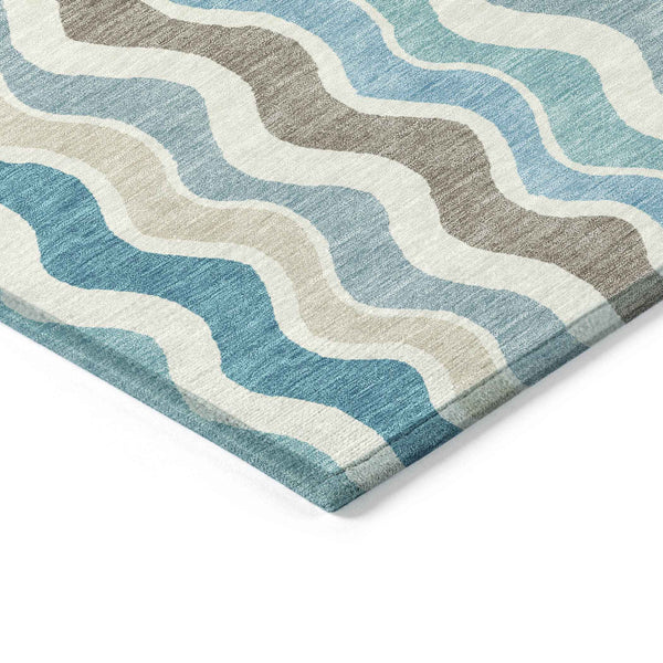 3' X 5' Teal Blue Ivory And Beige Striped Washable Indoor Outdoor Area Rug