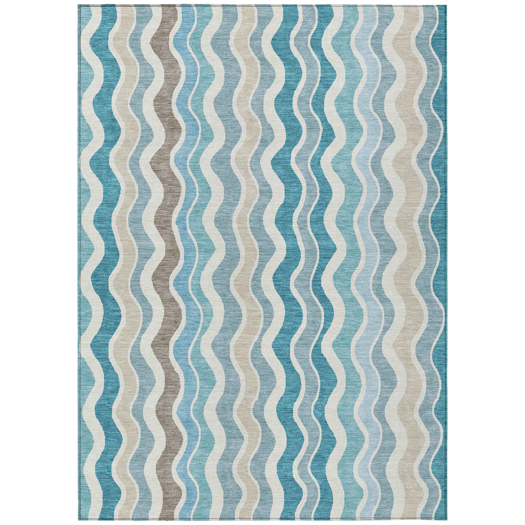 3' X 5' Teal Blue Ivory And Beige Striped Washable Indoor Outdoor Area Rug