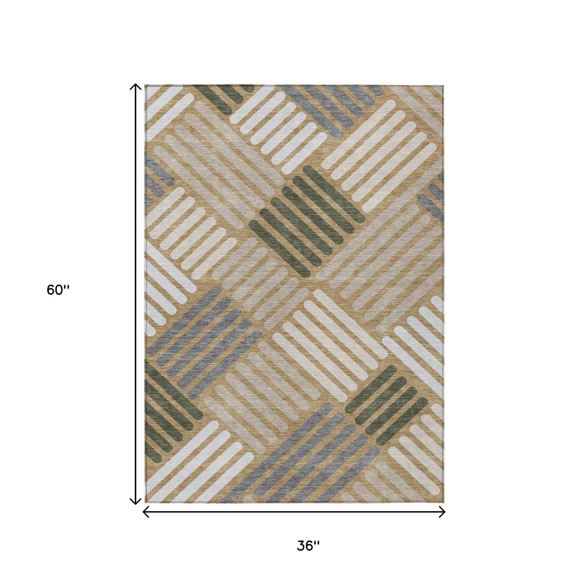 3' X 5' Gold Ivory And Charcoal Geometric Washable Indoor Outdoor Area Rug