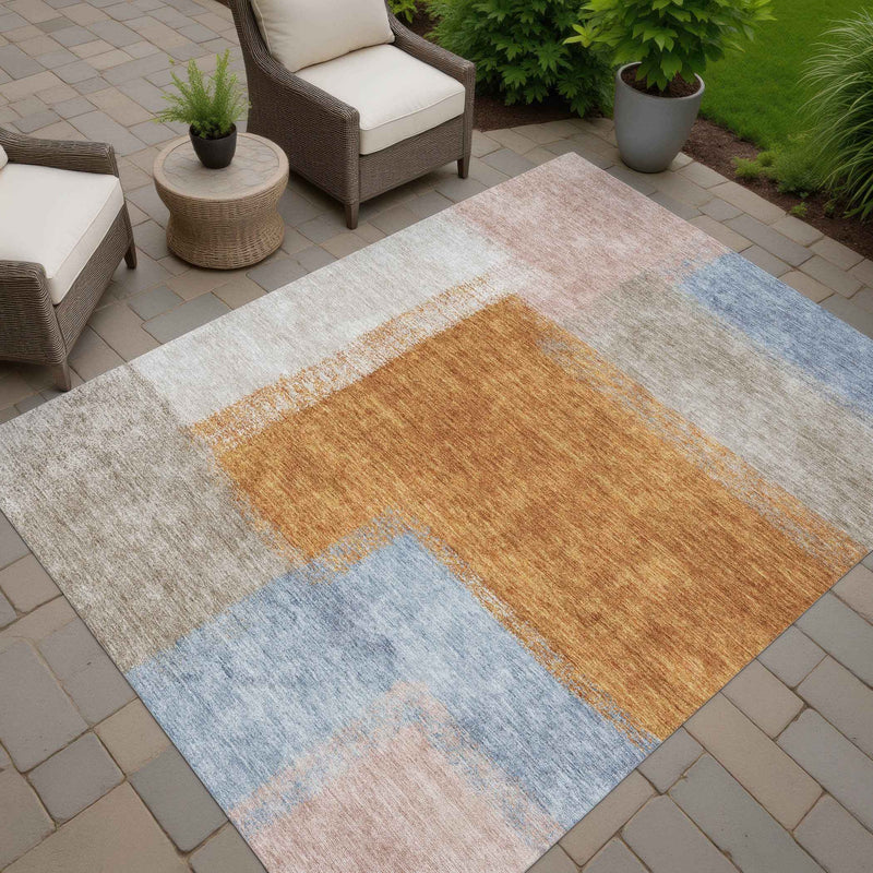 8' X 10' Rust Ivory And Blue Abstract Washable Indoor Outdoor Area Rug