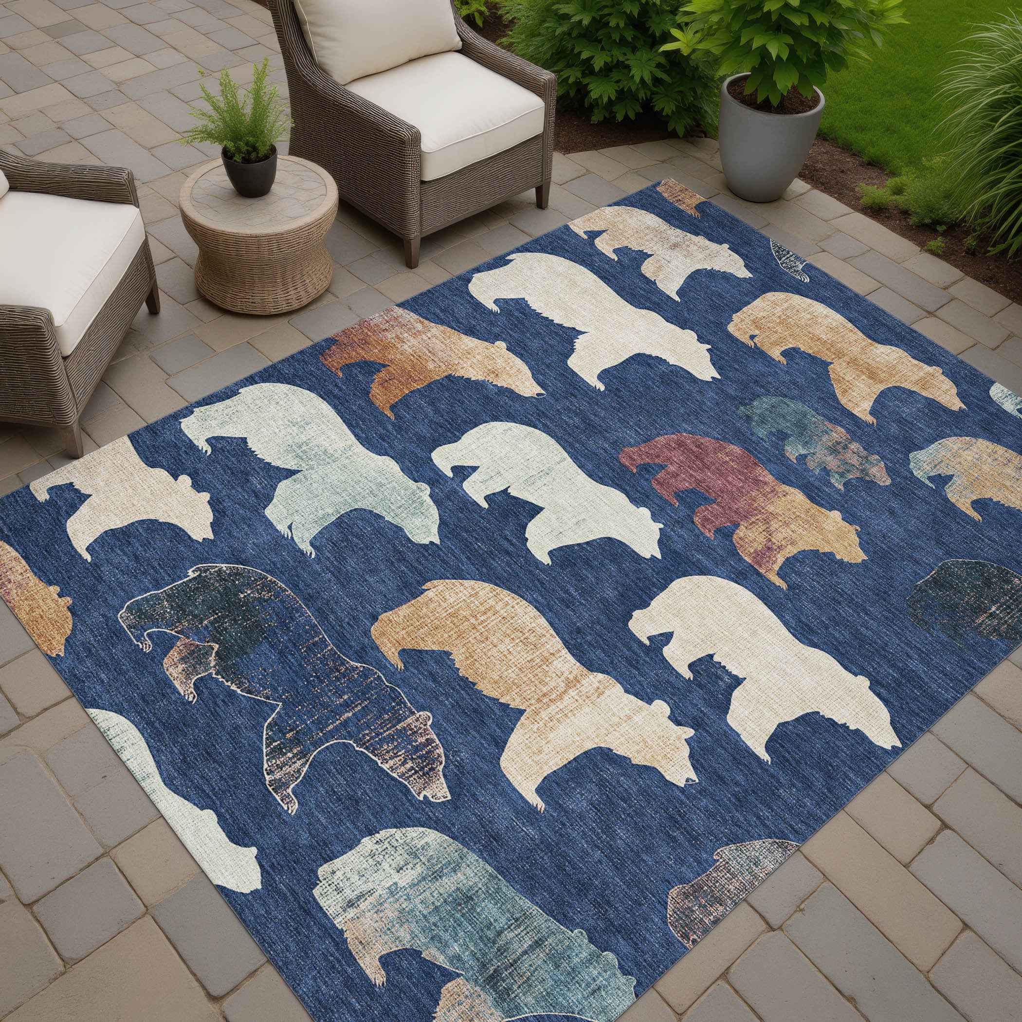 8' X 10' Navy Blue Ivory And Beige Animal Print Washable Indoor Outdoor Area Rug