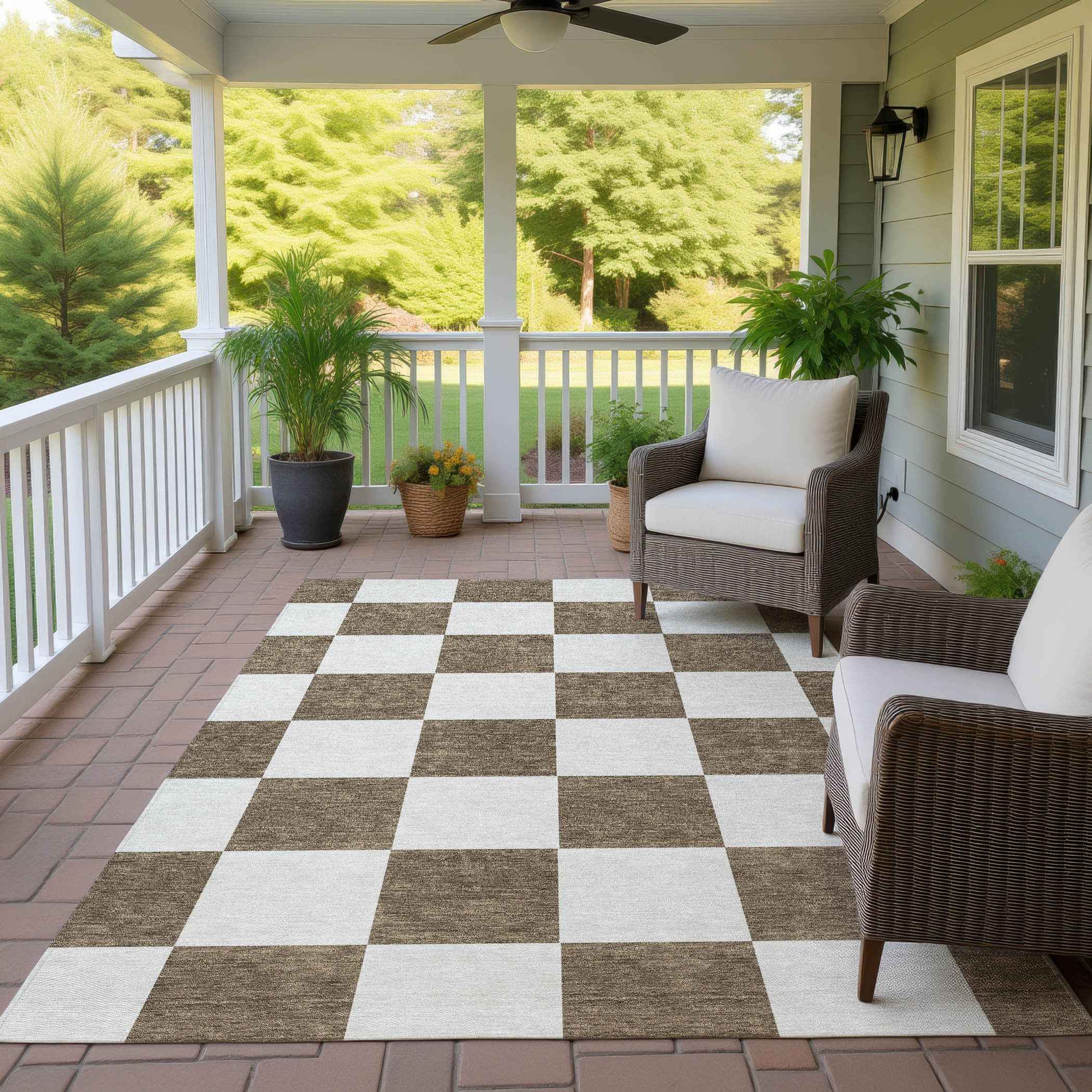 8' X 10' Chocolate And Ivory Geometric Washable Indoor Outdoor Area Rug