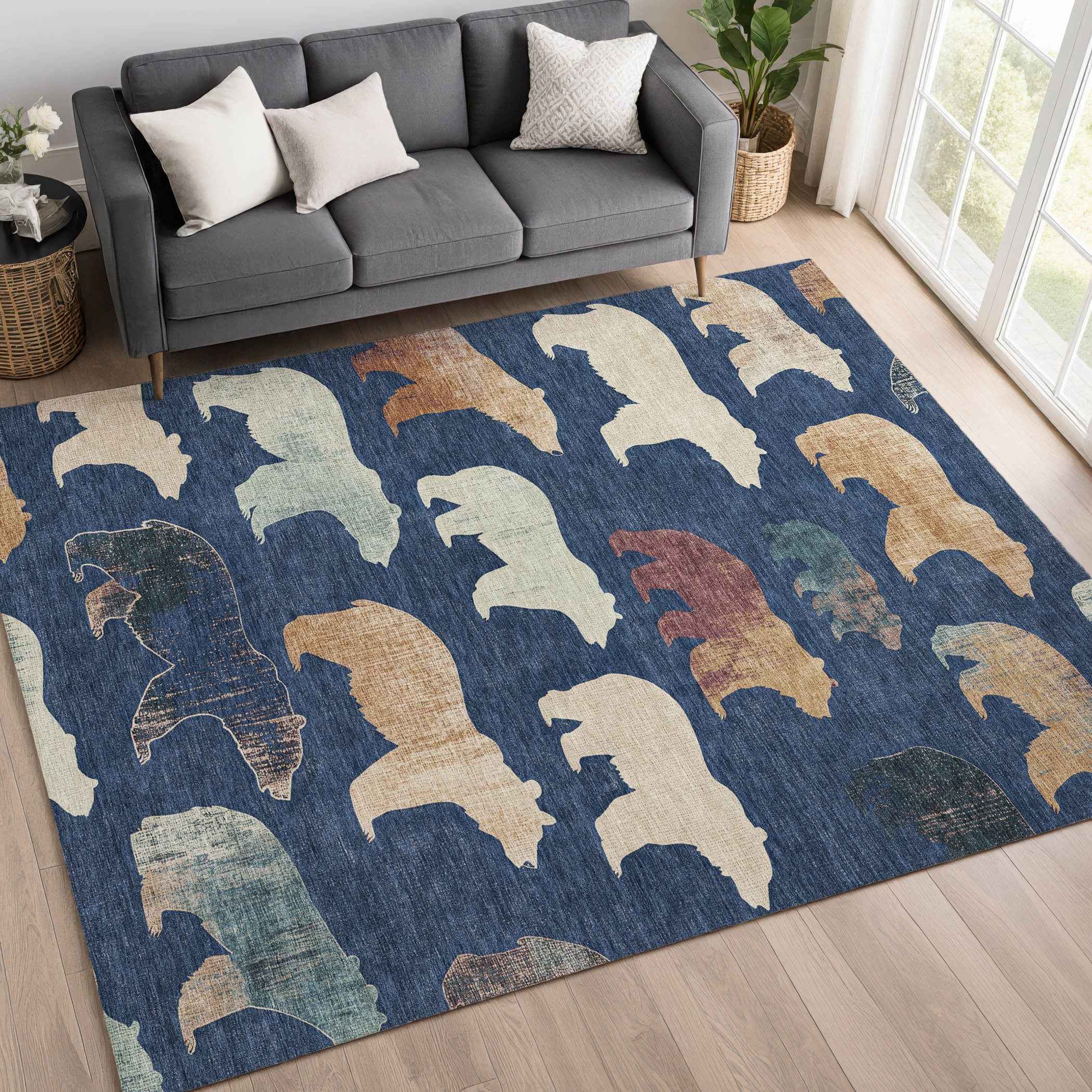 8' X 10' Navy Blue Ivory And Beige Animal Print Washable Indoor Outdoor Area Rug