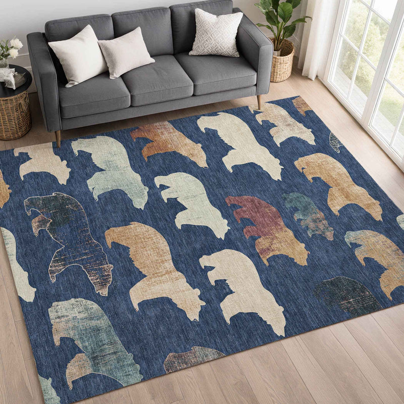8' X 10' Navy Blue Ivory And Beige Animal Print Washable Indoor Outdoor Area Rug