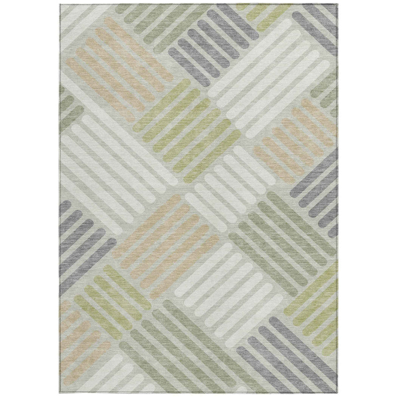 5' X 8' Artichoke Green Ivory And Gray Geometric Washable Indoor Outdoor Area Rug
