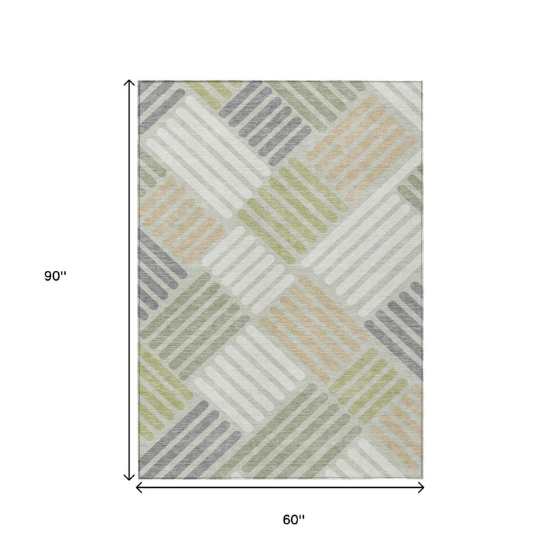 5' X 8' Artichoke Green Ivory And Gray Geometric Washable Indoor Outdoor Area Rug