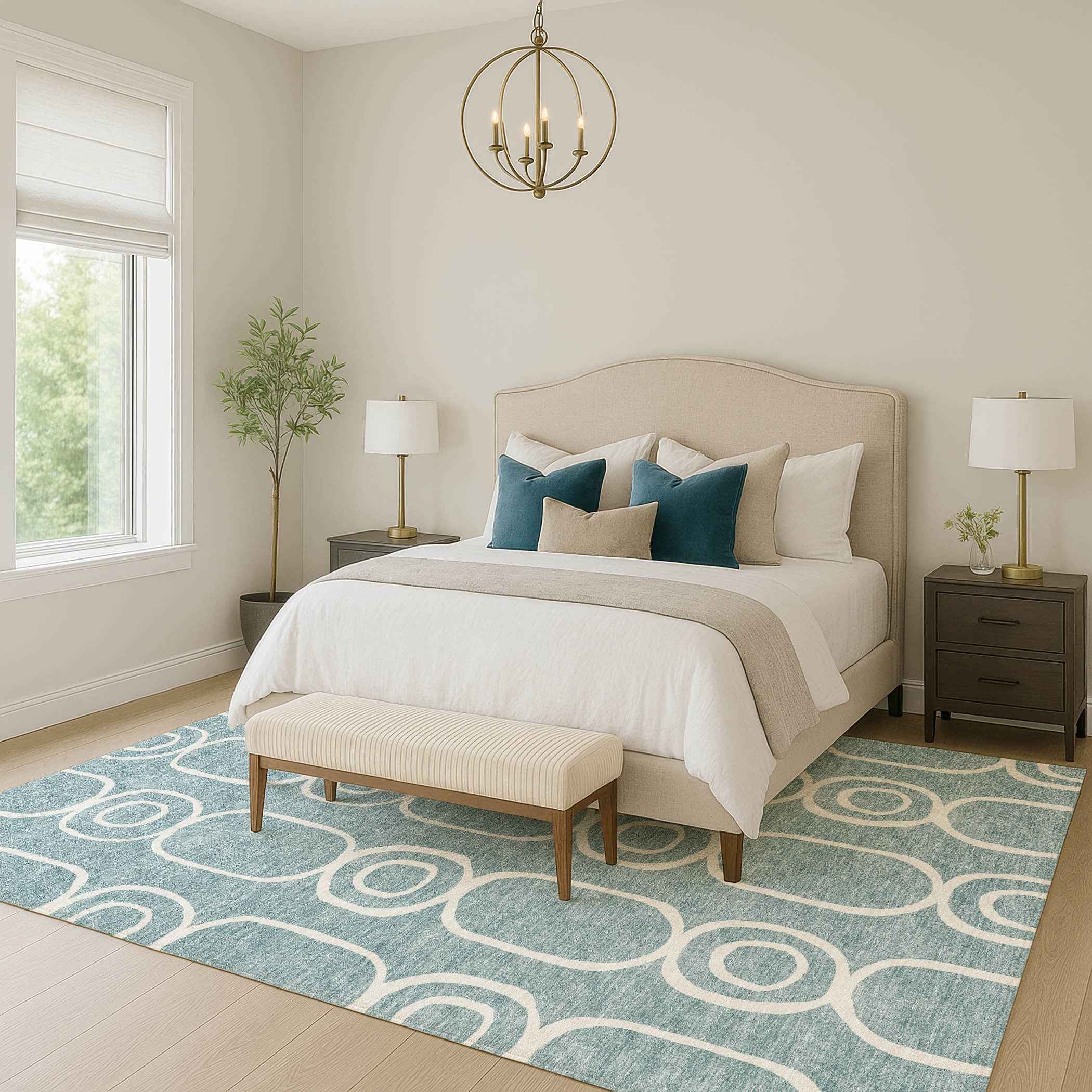 3' X 5' Aqua And Ivory Geometric Washable Indoor Outdoor Area Rug