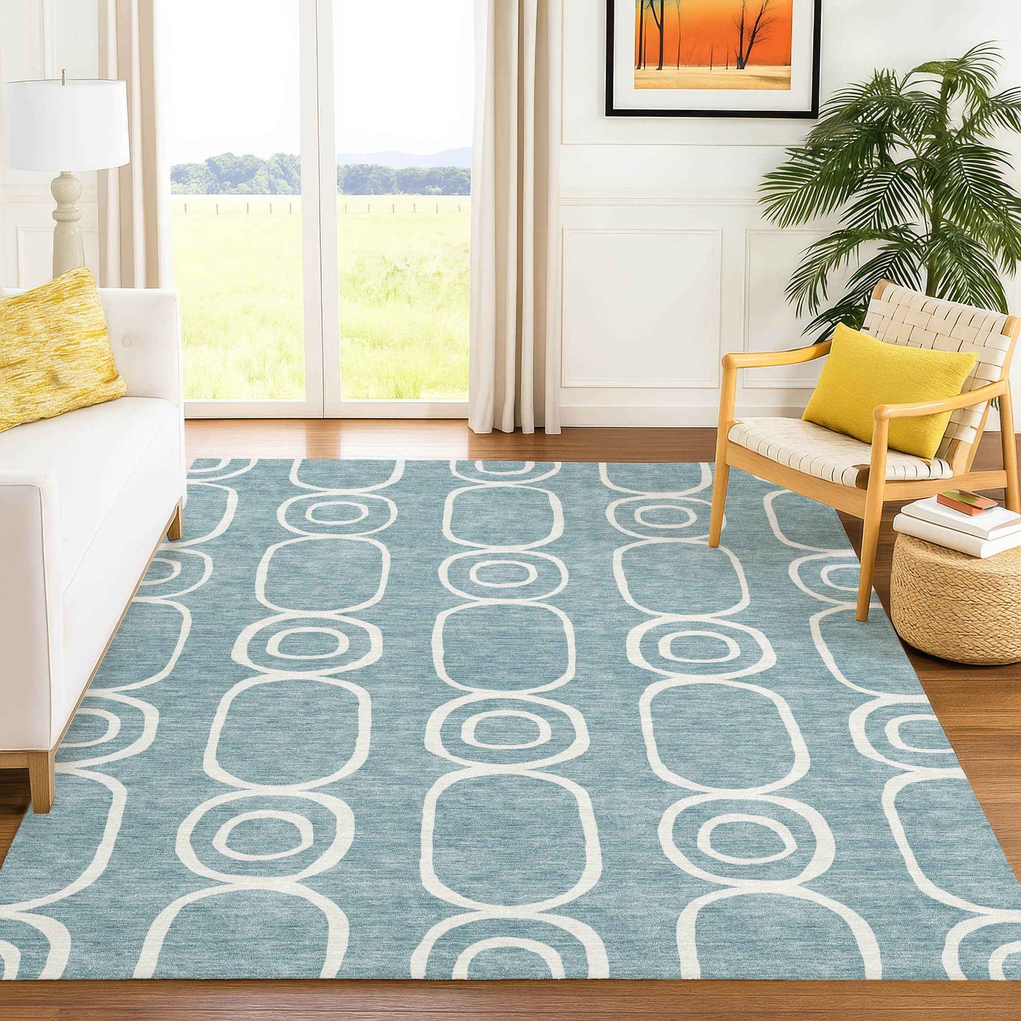 3' X 5' Aqua And Ivory Geometric Washable Indoor Outdoor Area Rug
